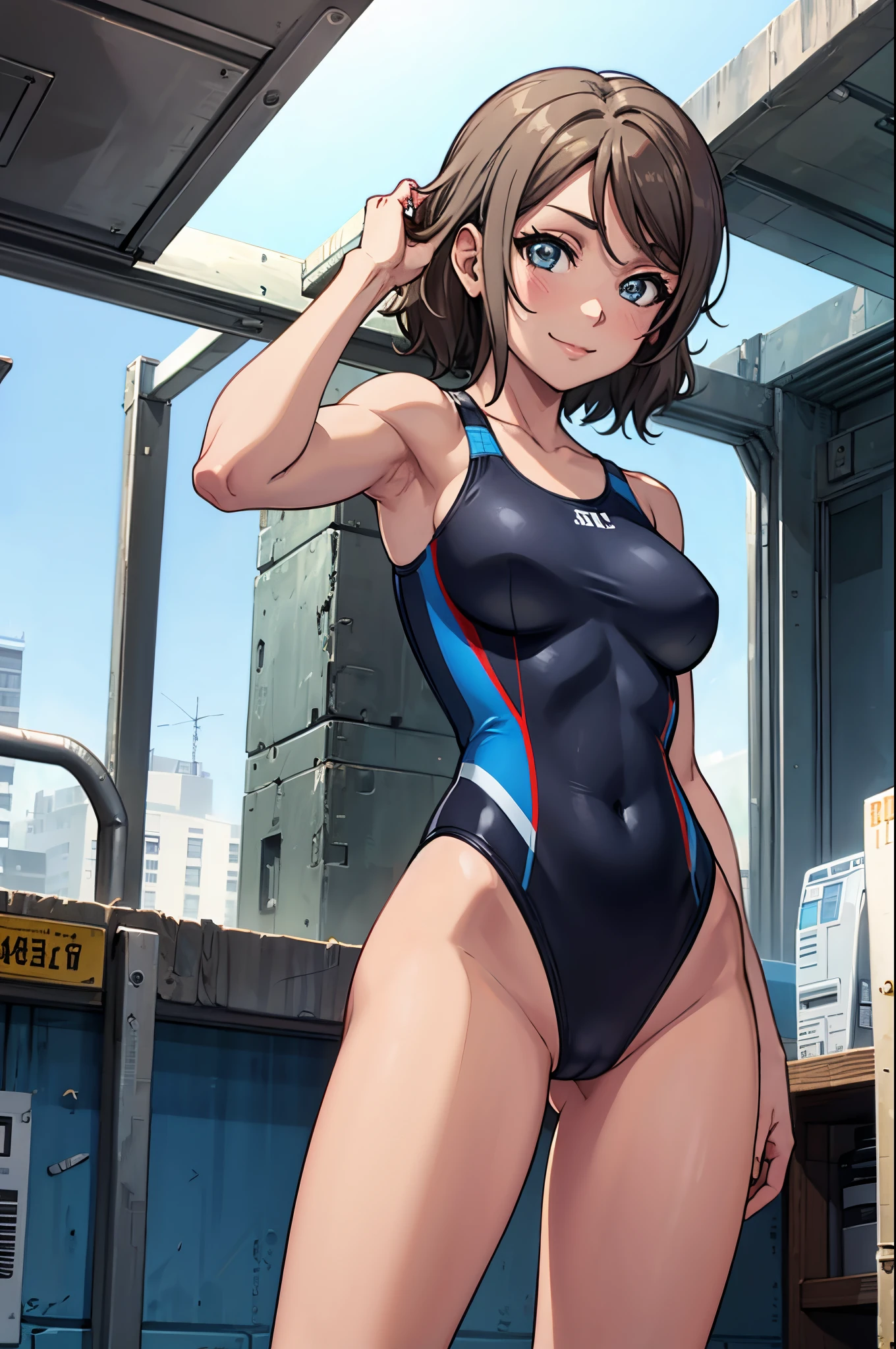 Watanabe you, tight swimsuit, posing for picture,(smile:0.7), medium breasts, crotch