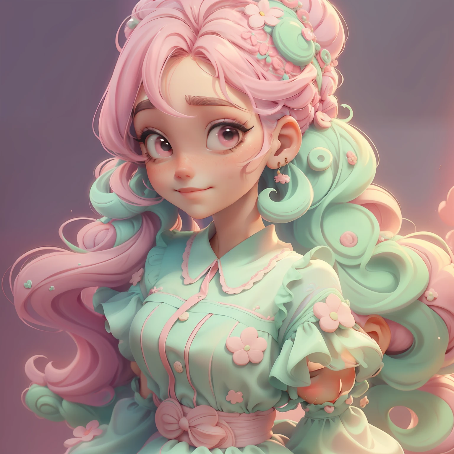 menina Lodo, (Lodo), Slime hair Penteado duplo buns estilo de cabelo, Rosa Morango, Vestido branco da princesa com cinto da arma, master part, best quality