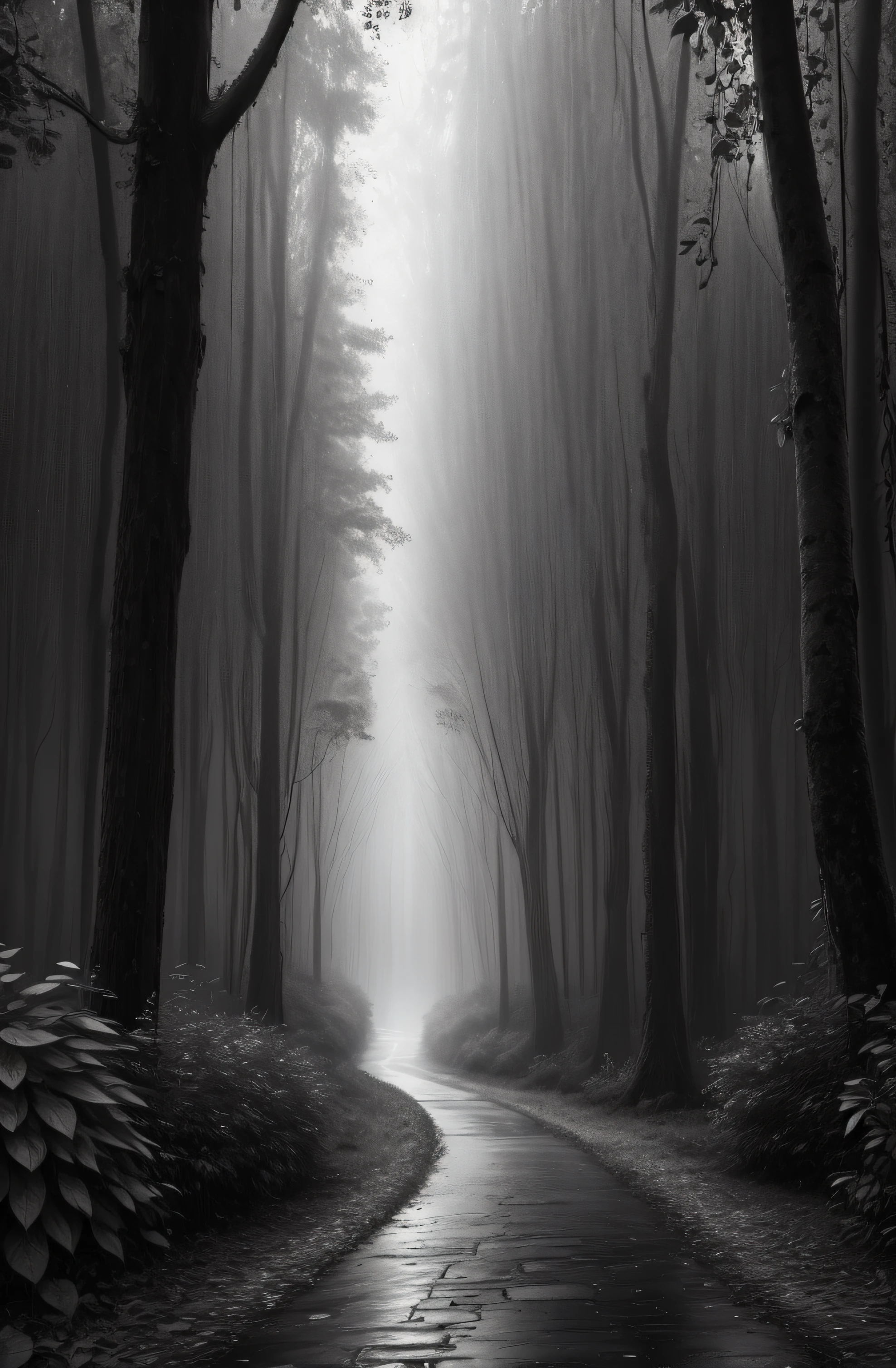 Jungle, with intense rains, monochrome, vines around, giant and wet trees, masterpiece, best quality, high quality, extremely detailed CG unity wallpaper 8k, oil painting, award-winning photography, bokeh, depth of field, HDR, flowering, chromatic aberration, photorealistic, very detailed, popular on artstation, popular in CGsociety, complex, high detail, dramatic, art in the middle of the road, volumetric lighting