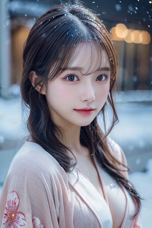 (white oversized coat)、Beige muffler、(top-quality,​masterpiece:1.3,超A high resolution,),(ultra-detailliert,Caustics),(Photorealsitic:1.4,RAW shooting,)Ultra-realistic capture,A highly detailed,high-definition16Kfor human skin、 Skin texture is natural、、The skin looks healthy with an even tone、 Use natural light and color,One Woman,japanes,,kawaii,A dark-haired,Middle hair,(depth of fields、chromatic abberation、、Wide range of lighting、Natural Shading、)、(Falling snow:1.2)(Hair swaying in the wind:1.2)、(At night, Snow reflects off the exterior lights:1.1)、Upper body naked、beutiful breast、Beautiful nipple