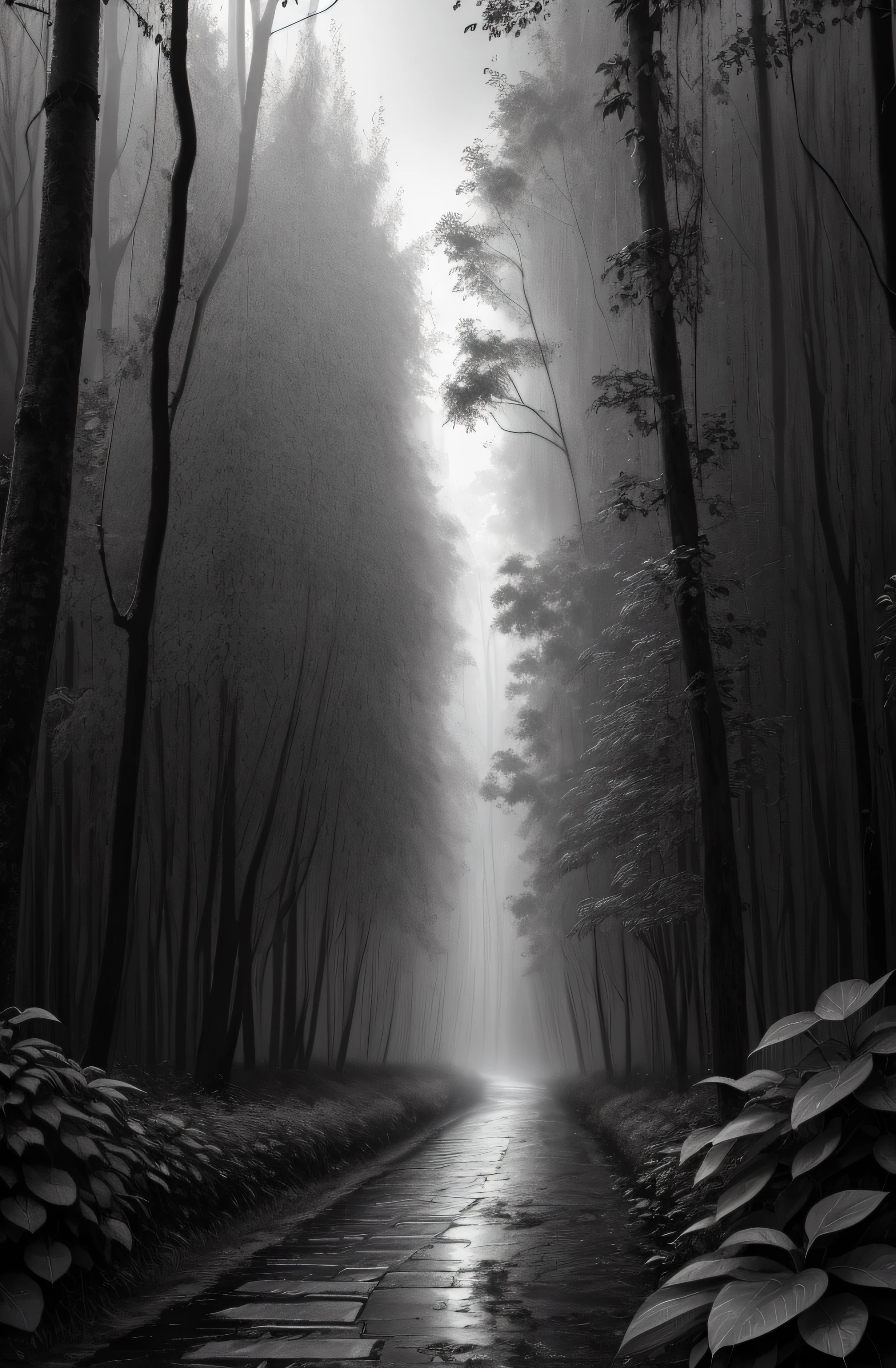 Jungle, with intense rains, monochrome, vines around, giant and wet trees, masterpiece, best quality, high quality, extremely detailed CG unity wallpaper 8k, oil painting, award-winning photography, bokeh, depth of field, HDR, flowering, chromatic aberration, photorealistic, very detailed, popular on artstation, popular in CGsociety, complex, high detail, dramatic, art in the middle of the road, volumetric lighting