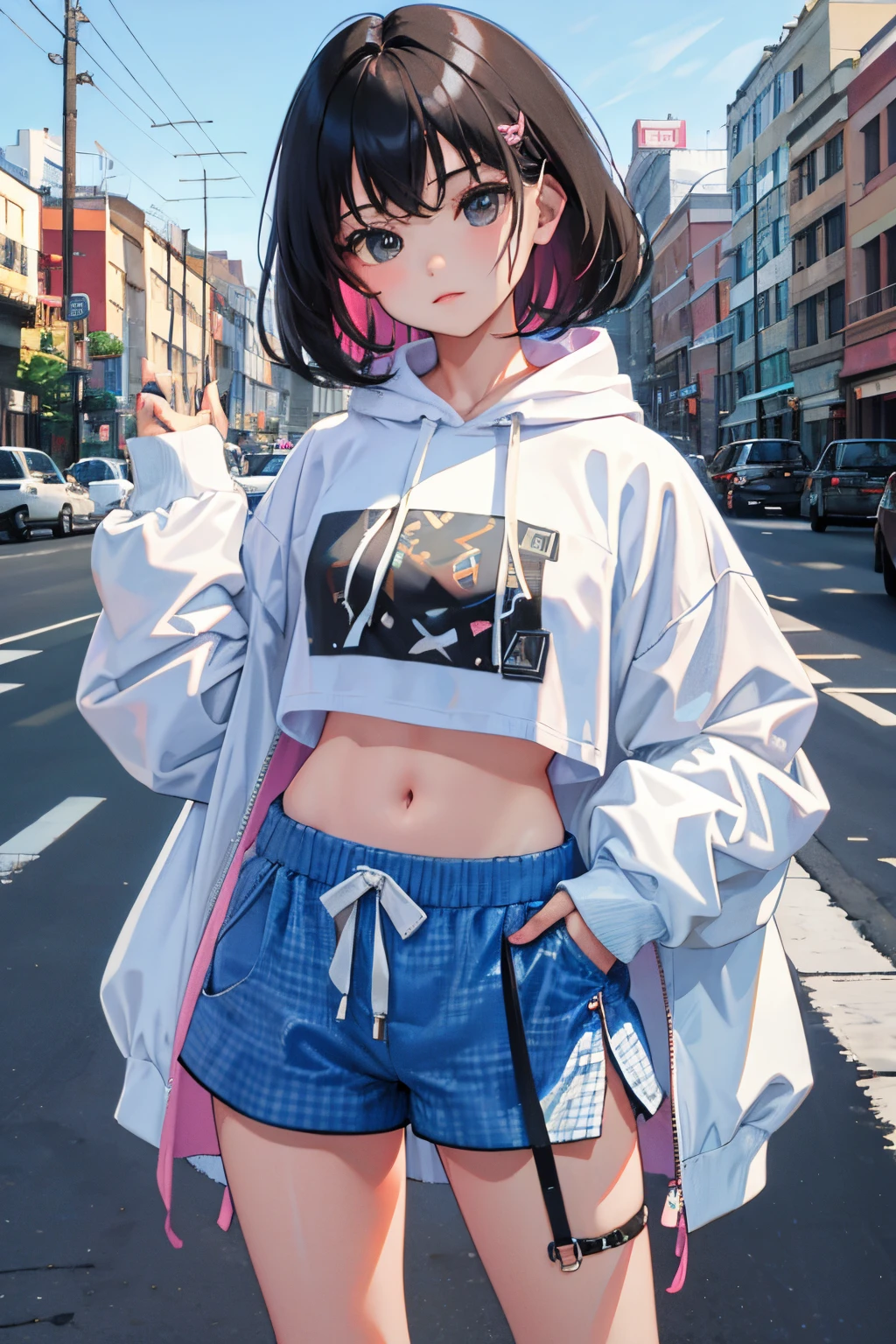 (),(masterpiece,Highest Quality),Crop Top Look,Pastel Hoodie,(Gingham Check Shorts),A dark-haired,World of toys