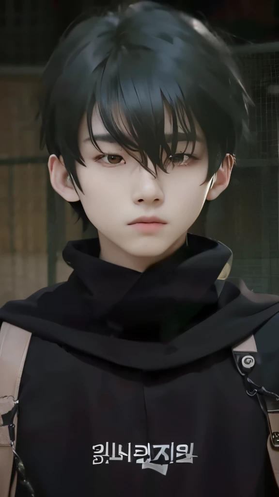 A teenage boy with realistic black hair, the same realistic hairstyle, handsome face like a realistic K-Pop idol, realistic cool expression, adapt exact clothing, realistic light, realistic shadows, realistic background, realistic night, realistic outdoor,Realistic short sleeve shirt, realistic black robe