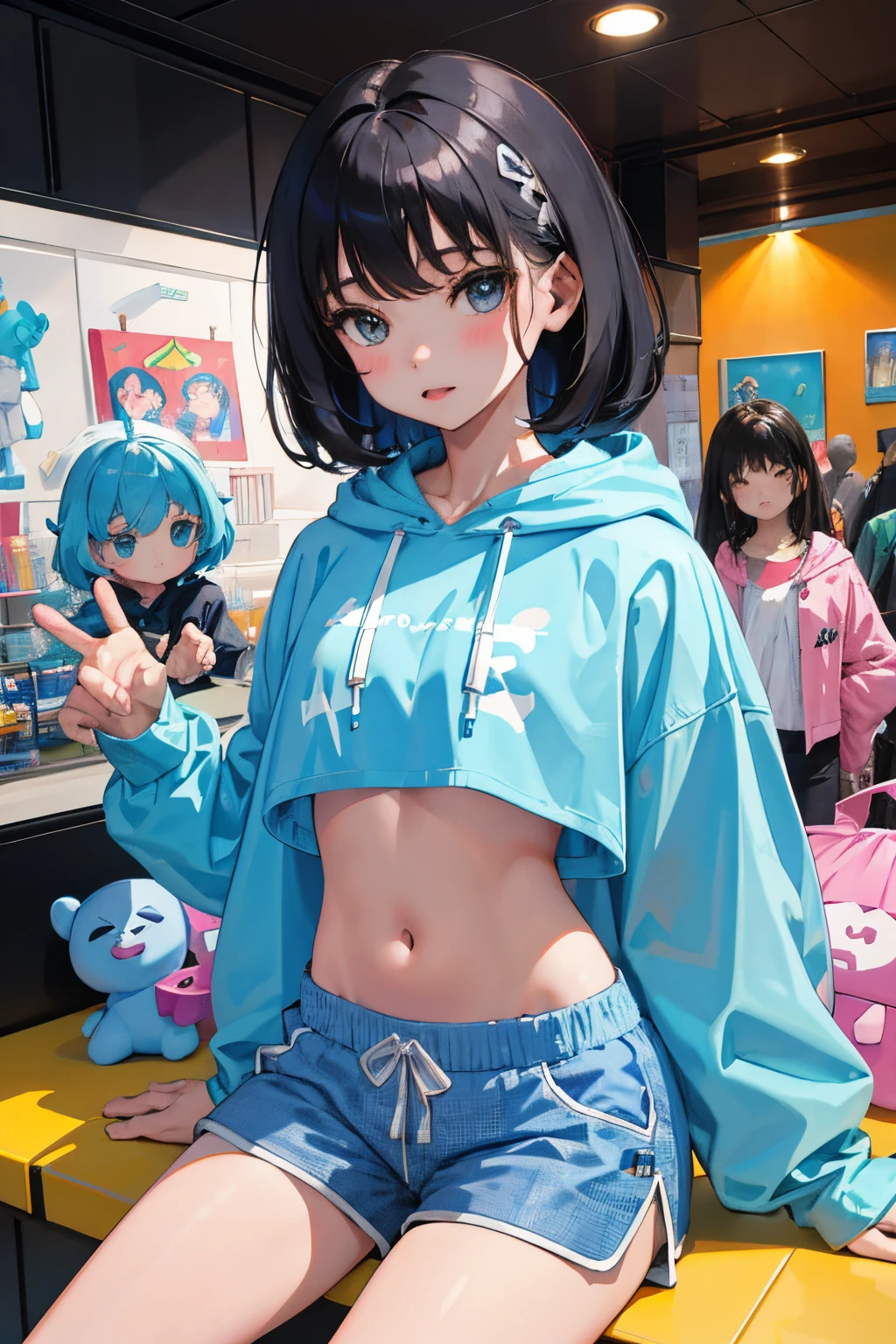 (),(masterpiece,Highest Quality),Crop Top Look,Turquoise Hoodie,(Gingham Check Shorts),A dark-haired,World of toys