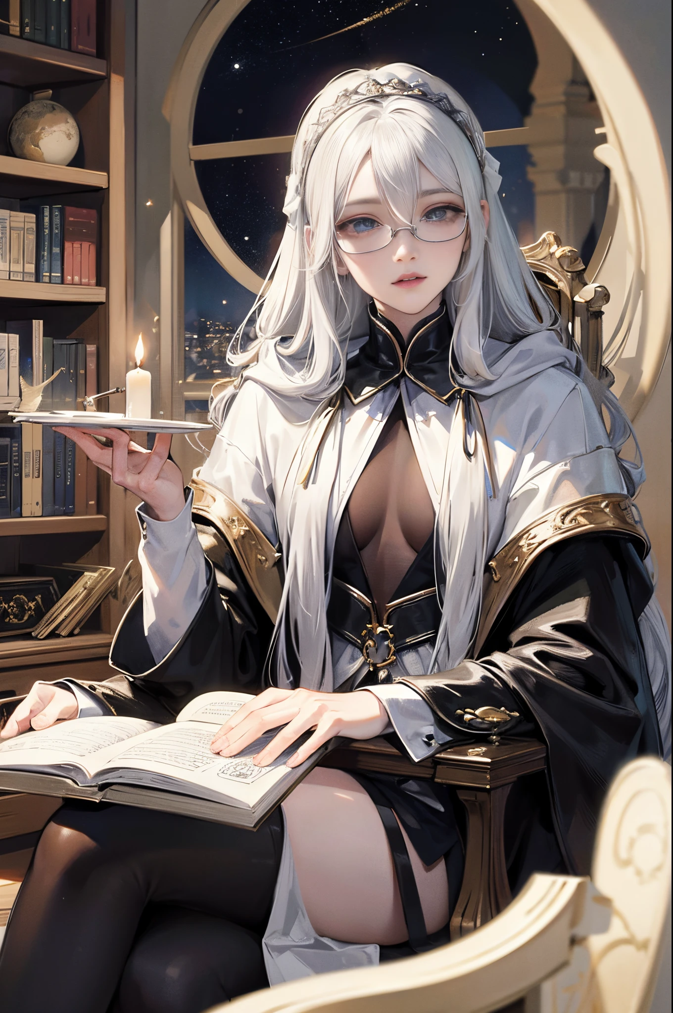 an androgynous hooded figure with long white hair sits on a throne and holds an open book, the person is wearing glasses, the room is lit by flying candles and is filled with books and shelves with a large round window in the background showing the stars and the moon, Perfect lips, symmetrical face, olhos perfeitos, pele de porcelana, HDR, UHD, Realistic, studio lighting