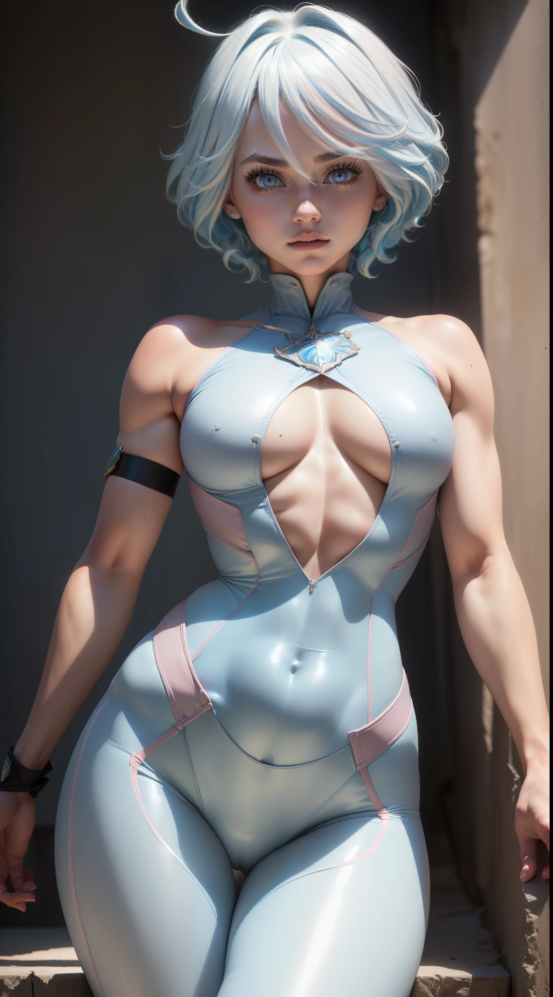 1 girl, ((20 years old)), (((beautiful woman)), ((light blue hair)), ((short hair)), ((wearing bodysuit)), ((pink eyes)), ((detailed abdomen)), ((small breasted)), ((Athletic Body Woman)), ((dynamic pose)), #Explanation: A beautiful girl with short light blue hair, she wears bodysuit.