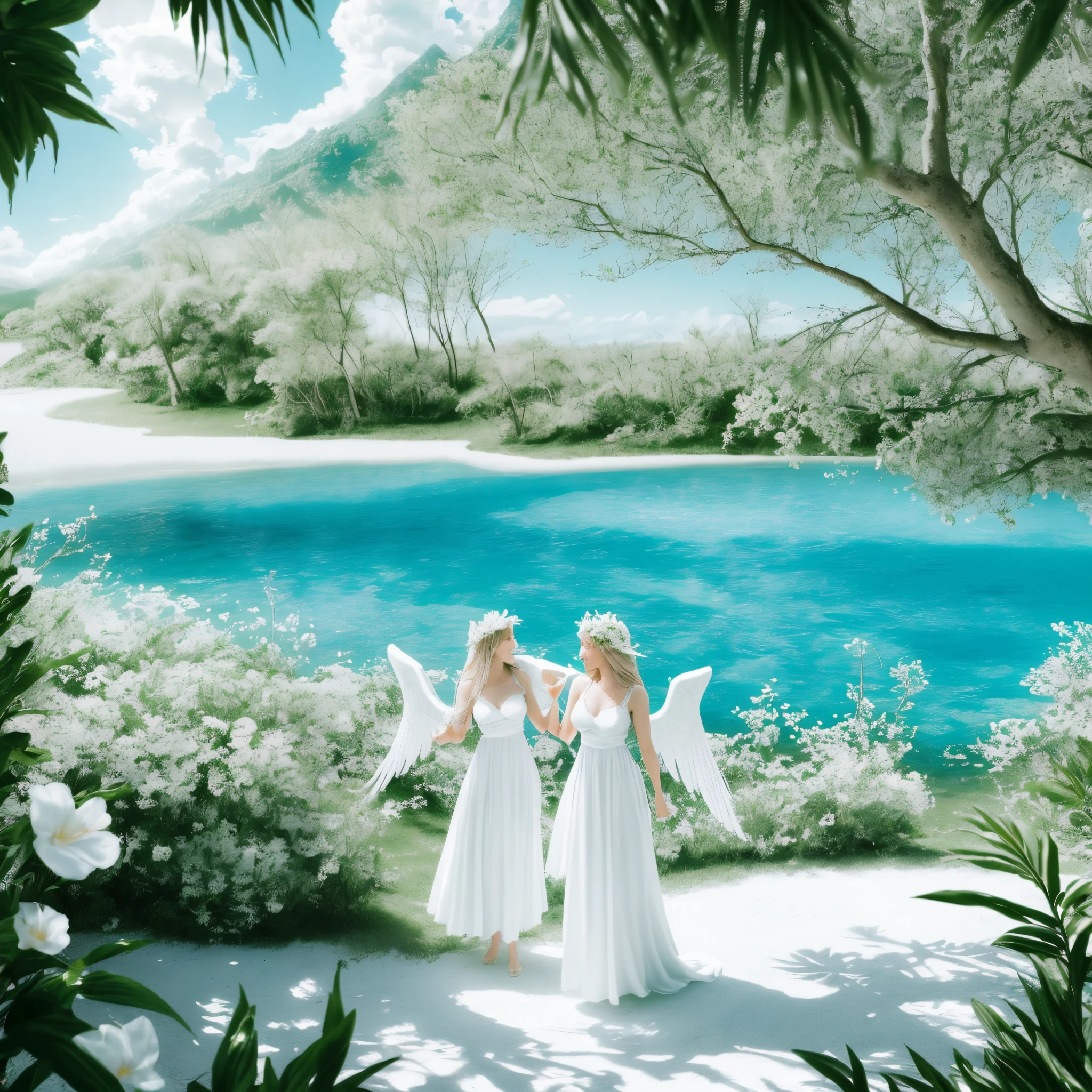Two angelic women in paradise habillé en blanc avec de aureole
