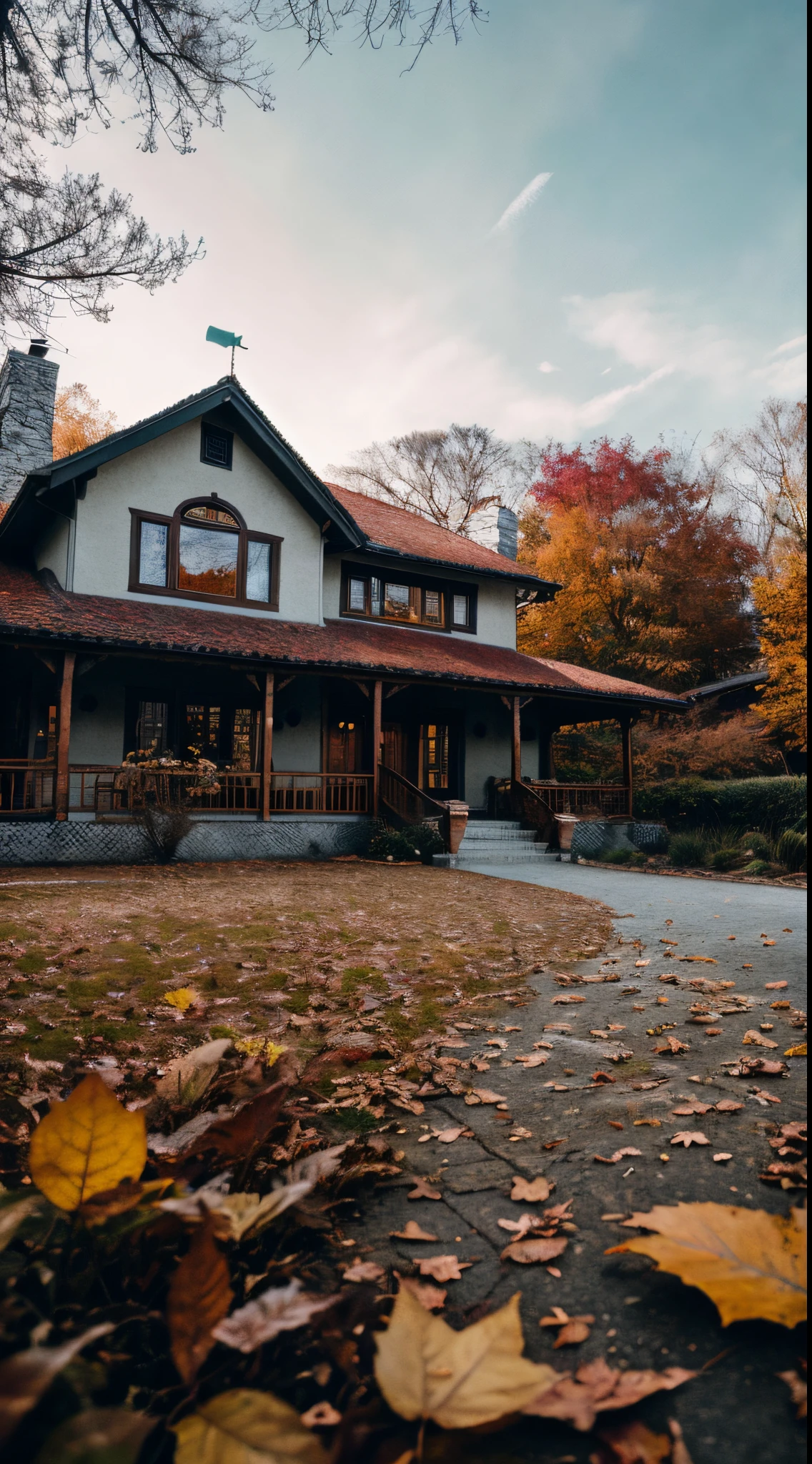 high quality, extremely detailed CG unity 8k wallpaper,landscape with texture ,House surrounded with leafs on the ground winter colors,award winning photography, Bokeh, Depth of Field, HDR, bloom, Chromatic Aberration ,Photorealistic,extremely detailed