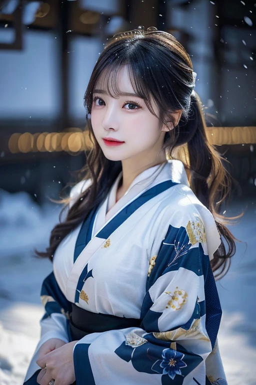 (Kimono)、、(top-quality,​masterpiece:1.3,超A high resolution,),(ultra-detailliert,Caustics),(Photorealsitic:1.4,RAW shooting,)Ultra-realistic capture,A highly detailed,high-definition16Kfor human skin、 Skin texture is natural、、The skin looks healthy with an even tone、 Use natural light and color,One Woman,japanes,,kawaii,A dark-haired,Middle hair,(depth of fields、chromatic abberation、、Wide range of lighting、Natural Shading、)、、(Falling snow:1.2)、(Hair swaying in the wind:1.2)、(At night, snow reflects off the outside lights:1.1)、Upper body naked、beutiful breast、beautiful nipple