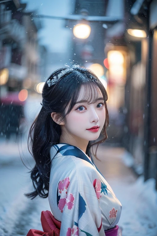 (Kimono)、、(top-quality,masterpiece:1.3,超A high resolution,),(ultra-detailliert,Caustics),(Photorealsitic:1.4,RAW shooting,)Ultra-realistic capture,A highly detailed,high-definition16Kfor human skin、 Skin texture is natural、、The skin looks healthy with an even tone、 Use natural light and color,One Woman,japanes,,kawaii,A dark-haired,Middle hair,(depth of fields、chromatic abberation、、Wide range of lighting、Natural Shading、)、、(Falling snow:1.2)、(Hair swaying in the wind:1.2)、(At night, snow reflects off the outside lights:1.1)、Upper body naked、beutiful breast、beautiful nipple