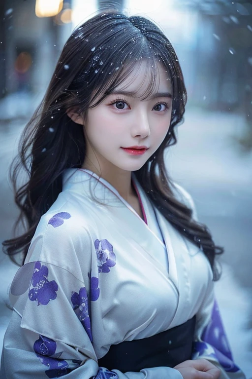 (Kimono)、、(top-quality,masterpiece:1.3,超A high resolution,),(ultra-detailliert,Caustics),(Photorealsitic:1.4,RAW shooting,)Ultra-realistic capture,A highly detailed,high-definition16Kfor human skin、 Skin texture is natural、、The skin looks healthy with an even tone、 Use natural light and color,One Woman,japanes,,kawaii,A dark-haired,Middle hair,(depth of fields、chromatic abberation、、Wide range of lighting、Natural Shading、)、、(Falling snow:1.2)、(Hair swaying in the wind:1.2)、(At night, snow reflects off the outside lights:1.1)、Upper body naked、beutiful breast、beautiful nipple