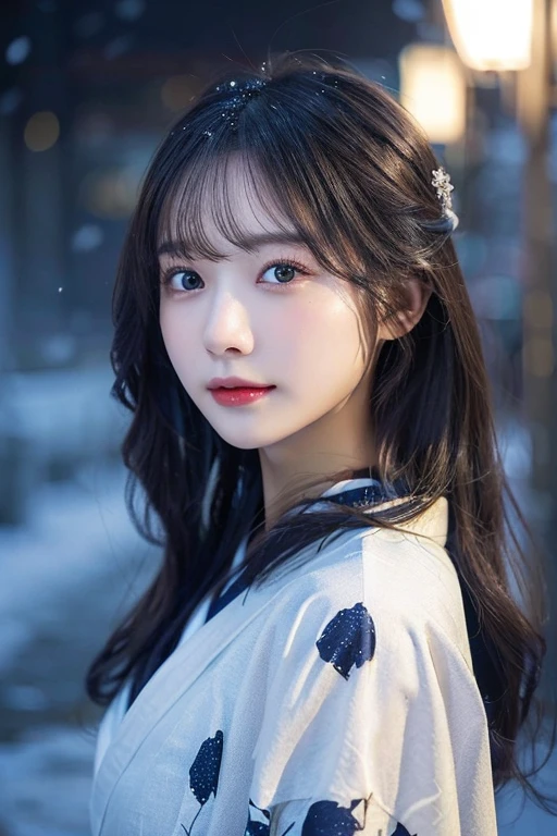 (Kimono)、、(top-quality,masterpiece:1.3,超A high resolution,),(ultra-detailliert,Caustics),(Photorealsitic:1.4,RAW shooting,)Ultra-realistic capture,A highly detailed,high-definition16Kfor human skin、 Skin texture is natural、、The skin looks healthy with an even tone、 Use natural light and color,One Woman,japanes,,kawaii,A dark-haired,Middle hair,(depth of fields、chromatic abberation、、Wide range of lighting、Natural Shading、)、、(Falling snow:1.2)、(Hair swaying in the wind:1.2)、(At night, snow reflects off the outside lights:1.1)、Upper body naked、beutiful breast、beautiful nipple