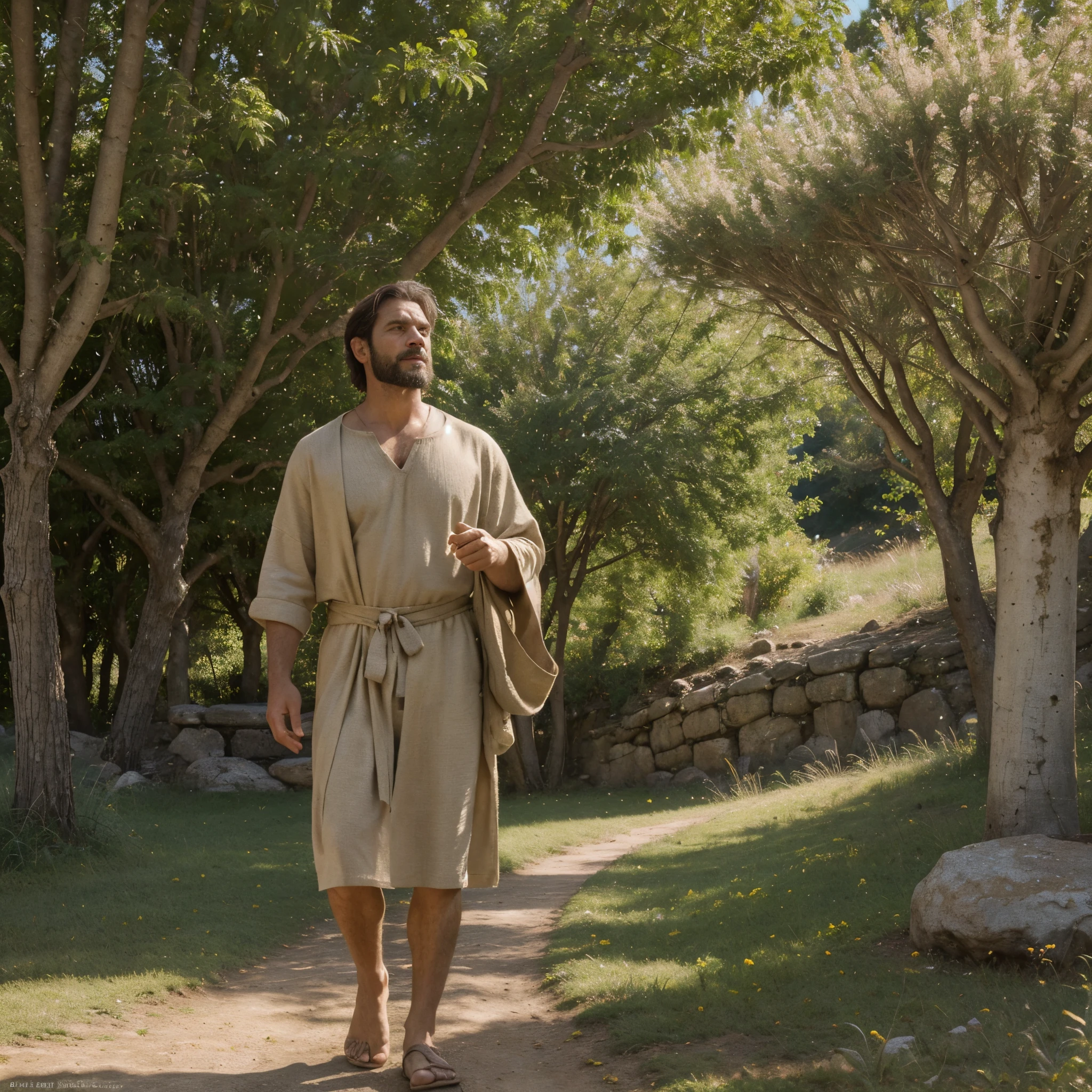 (best quality,highres:1.2),ultra-detailed,(realistic:1.37)
(landscape) A man from ancient times, wearing a striped colored tunic, tending to his flock add details:
The man has a wise and weathered face, with a generous beard that flows down to his chest. His eyes are deep and thoughtful, reflecting a lifetime of experiences. Wrinkles and creases tell the story of his journey through time. 

Surrounded by a lush green landscape, he stands on a hill overlooking a vast valley dotted with vibrant flowers and tall grass. The sunlight filters through the leaves of ancient trees, casting a warm golden glow on the scene. 

The man gently herds his flock of sheep, his hands skillfully guiding them along a narrow path. The sheep graze peacefully, their soft wool blending harmoniously with the natural elements around them. 

In the distance, a crystal clear river winds its way through the valley, its gentle flow adding a soothing melody to the peaceful ambiance. The sound of birds chirping fills the air, creating a symphony of nature. 

The man's striped tunic, with its shades of earthy tones, mirrors the colors of the surrounding landscape. The intricate patterns on the fabric symbolize the rich cultural heritage of his ancient civilization. 

With every step, the man feels a deep connection to nature, as if he is a part of the timeless rhythm of the earth. His presence exudes a sense of contentment and tranquility, as he finds solace in the simplicity of his life. 

The overall color palette evokes a sense of serenity, with warm and earthy tones dominating the scene. The lighting accentuates the natural beauty, casting soft shadows that add depth and dimension to the landscape. 

This scene captures the essence of a bygone era, where man and nature coexist in perfect harmony. It invites viewers to embrace the beauty of simplicity and the timeless wisdom that can be found in the most ordinary moments of life.
