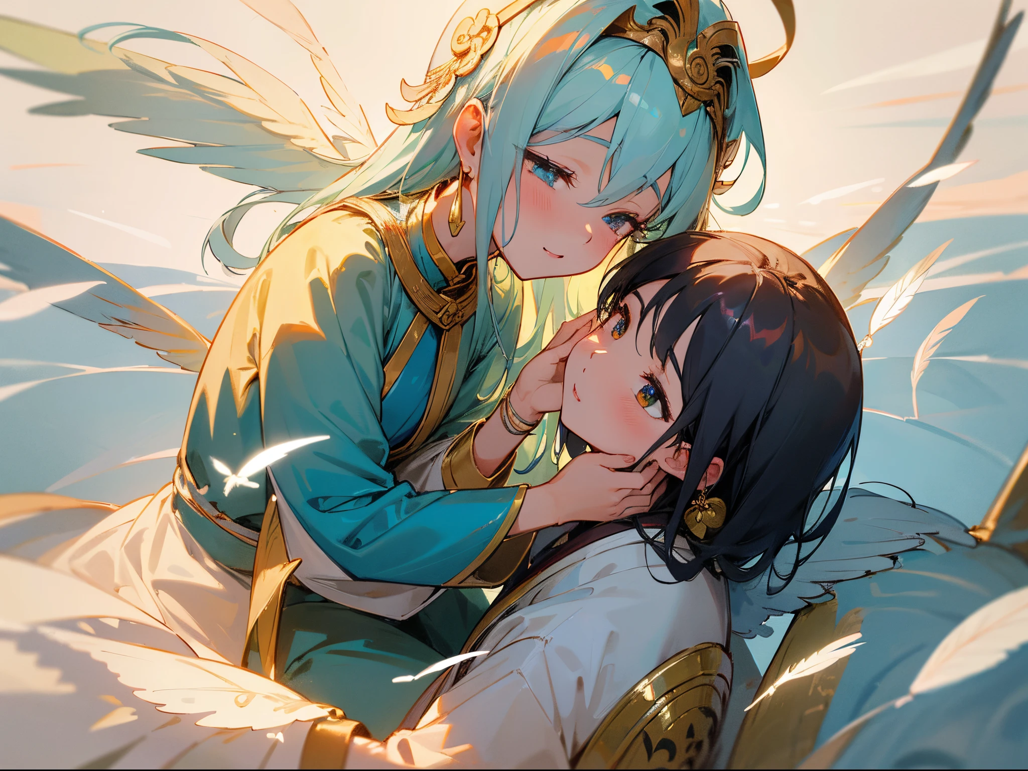 best quality 8K、three angels with beautiful faces、they are looking down at the ground、flying in feathers、and people on the ground々spoke to in a gentle voice、Caring look、Beautiful detail eyes、Dressed like Kannon Bodhisattva、they are shining light、Earth seen from above、Mystical