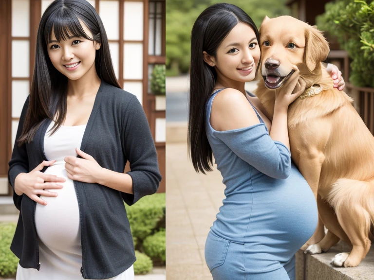 （DVD jacket front and back covers、５・５）、（Front shot/sideshot）、１８Old black-haired girl and retriever dog,shyly smile,7 months pregnant,retriever dog hug,Real Light,Commemorative photo of a pregnant woman and her retriever dog in Japan、(NSFW)