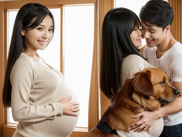 （DVD jacket front and back covers、５・５）、（Front shot/sideshot）、１８Old black-haired girl and retriever dog,shyly smile,7 months pregnant,retriever dog hug,Real Light,Commemorative photo of a pregnant woman and her retriever dog in Japan、(NSFW)