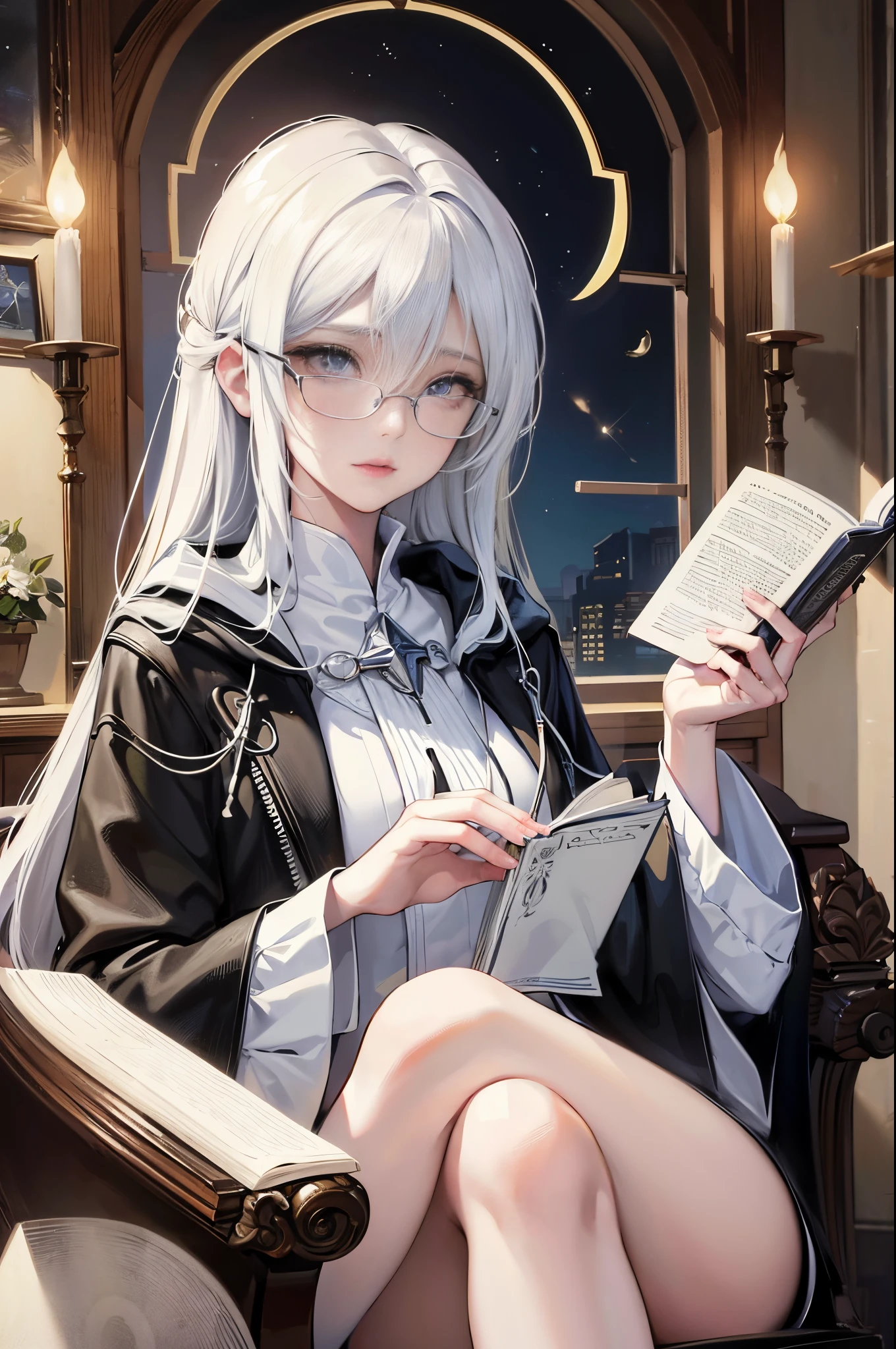 an androgynous hooded figure with long white hair sits on a throne and holds an open book, the person is wearing glasses, the room is lit by flying candles and is filled with books and shelves with a large round window in the background showing the stars and the moon, Perfect lips, symmetrical face, olhos perfeitos, pele de porcelana, HDR, UHD, Realistic, studio lighting