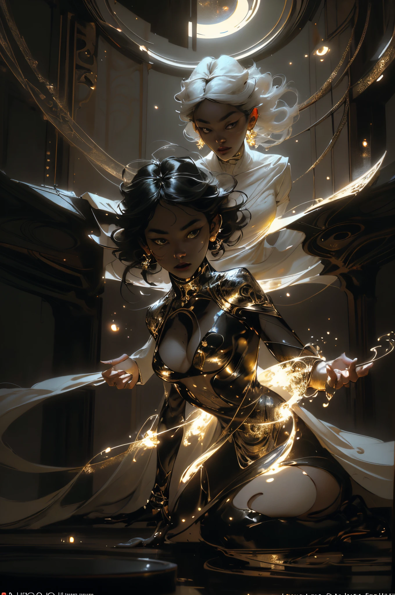 Space, distant stars, fantastic image. Face. Figure. Graceful shapes. Graceful girl.
(High quality), (stylization - animation, realism). Dark cool colors are mixed with warm shades.
Angel girl, photorealistic, cinematic picture, high detail, full black hole, 8K. dynamic expressive image (1 girl; 1.3), Solo, (((Very detailed eyes and face))), Beautiful detailed eyes. masterpiece, best quality, full-length portrait, amazing beauty, dynamic pose, gentle face, and bright eyes. (Front) She wears a sheer, semi-sheer dress that shows off her slender figure. She is an angel who descended into the underworld. She is a savior, a light in a dark kingdom, emitting a soft glow. High detail, other worlds, firelight, detail, high quality, low light, dark environments - the scary cinematic setting is great. Girl with white skin, realistic detailed skin, clear focus, volumetric fog near the floor, 8k, UHD, DSLR, high quality, film grain. photorealism, lomography, fantastic dark art, utopian reality.