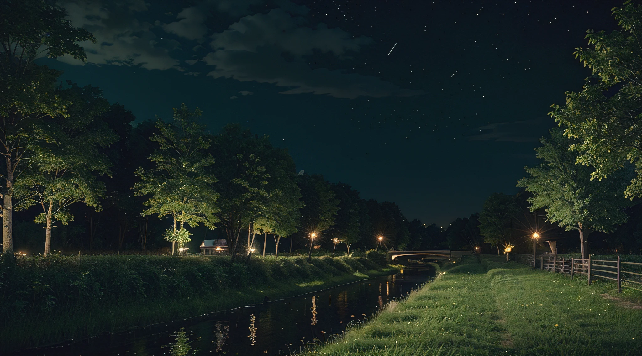 night time,fireflies,buildings far ahead,road,anime style,green field,river