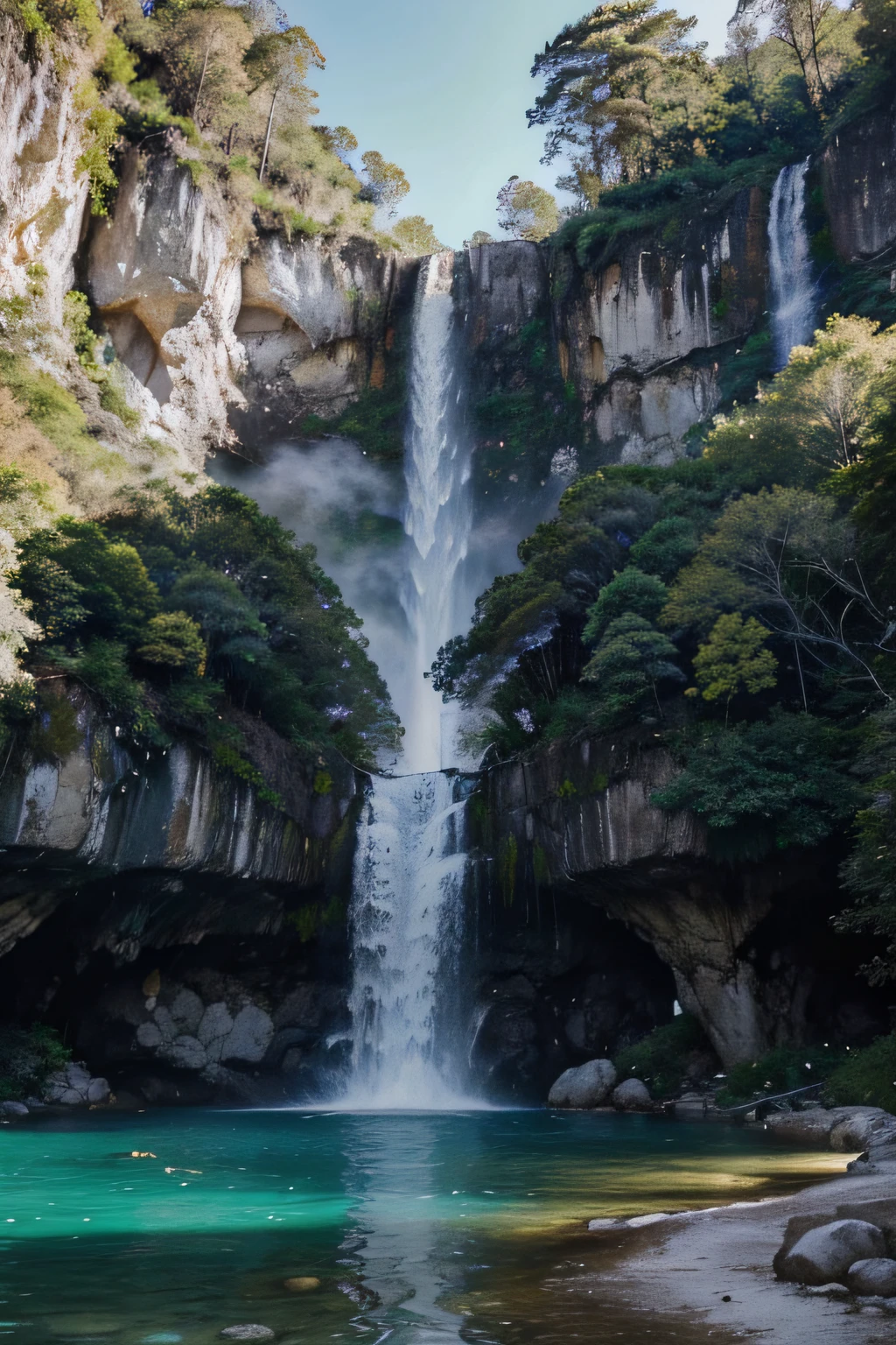 super real photo taken with a high speed camera, a dream landscape, super realistic details, unique details of the landscapemarble mountains, 500 meters highwaterfalls coming out of the marble mountains, trees around them, many gold stones and emeralds on the ground, image taken from the ground, river of crystal clear water flowing, in the sky macaws flying, cockatoos,