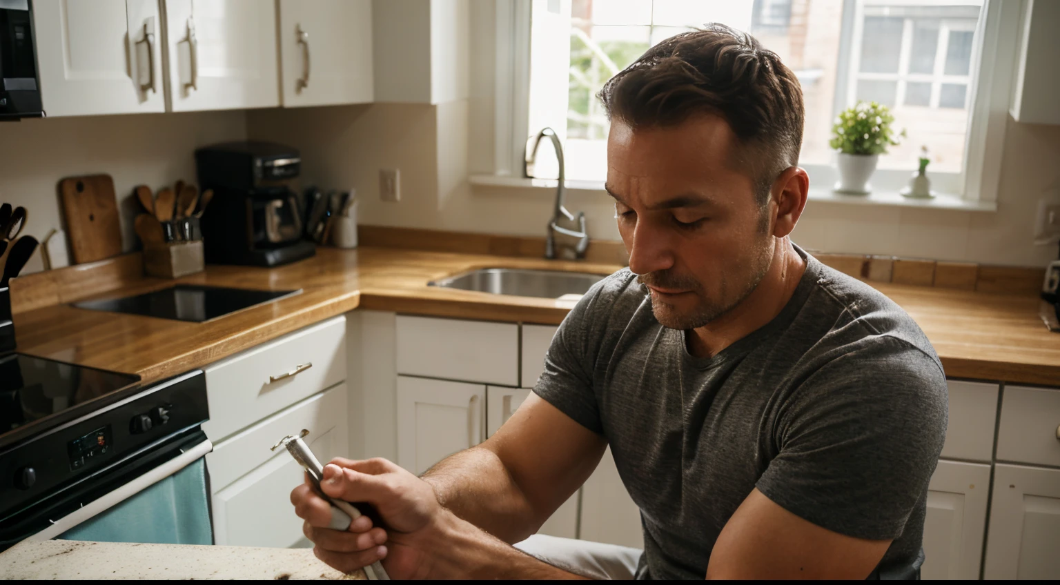 realistic, 42 year old man doing housework in kitchen, sharp focus, studio shot, intricate details, highly detailed