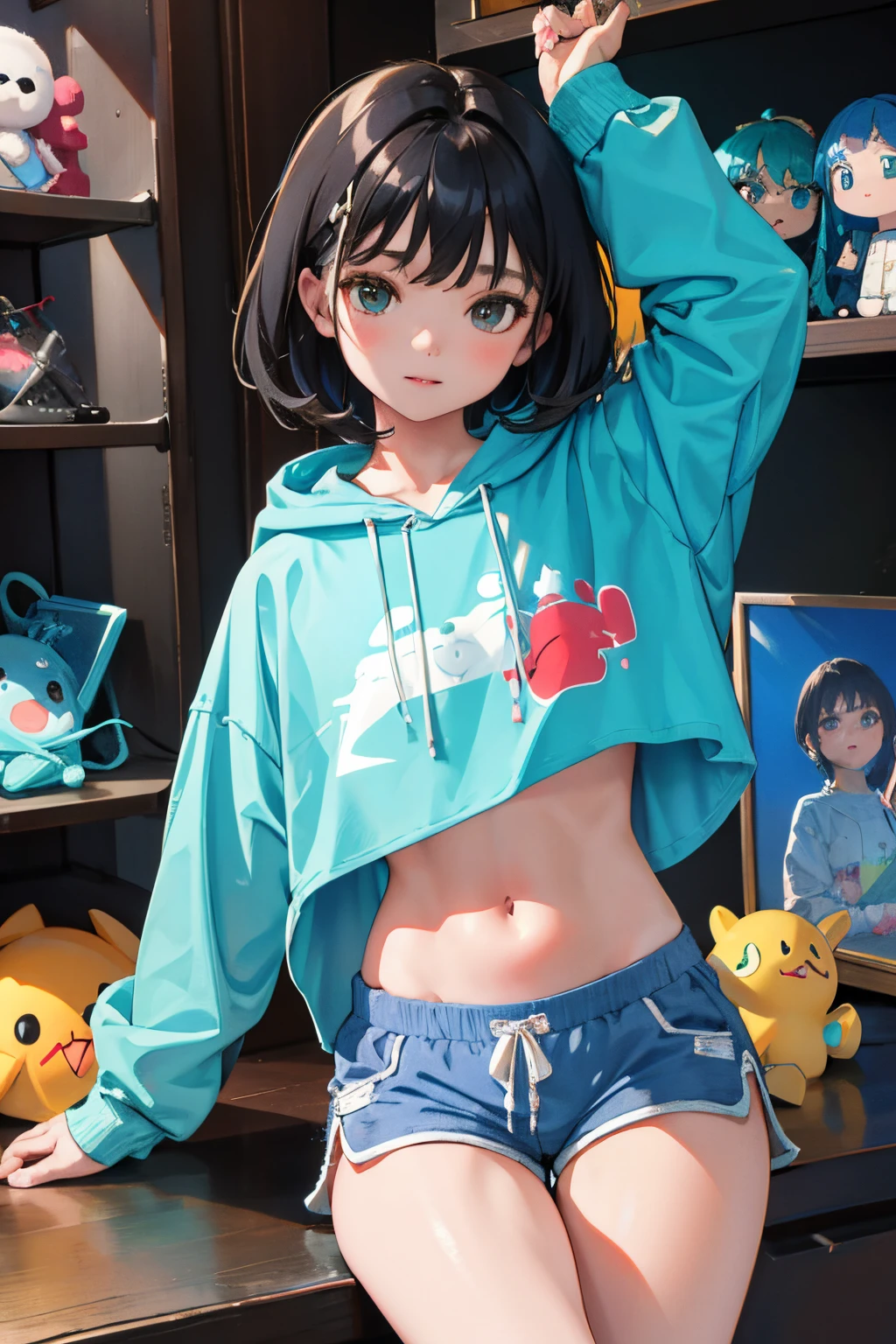 (),(masterpiece,Highest Quality),Crop Top Look,Turquoise Hoodie,(Gingham Check Shorts),A dark-haired,World of toys