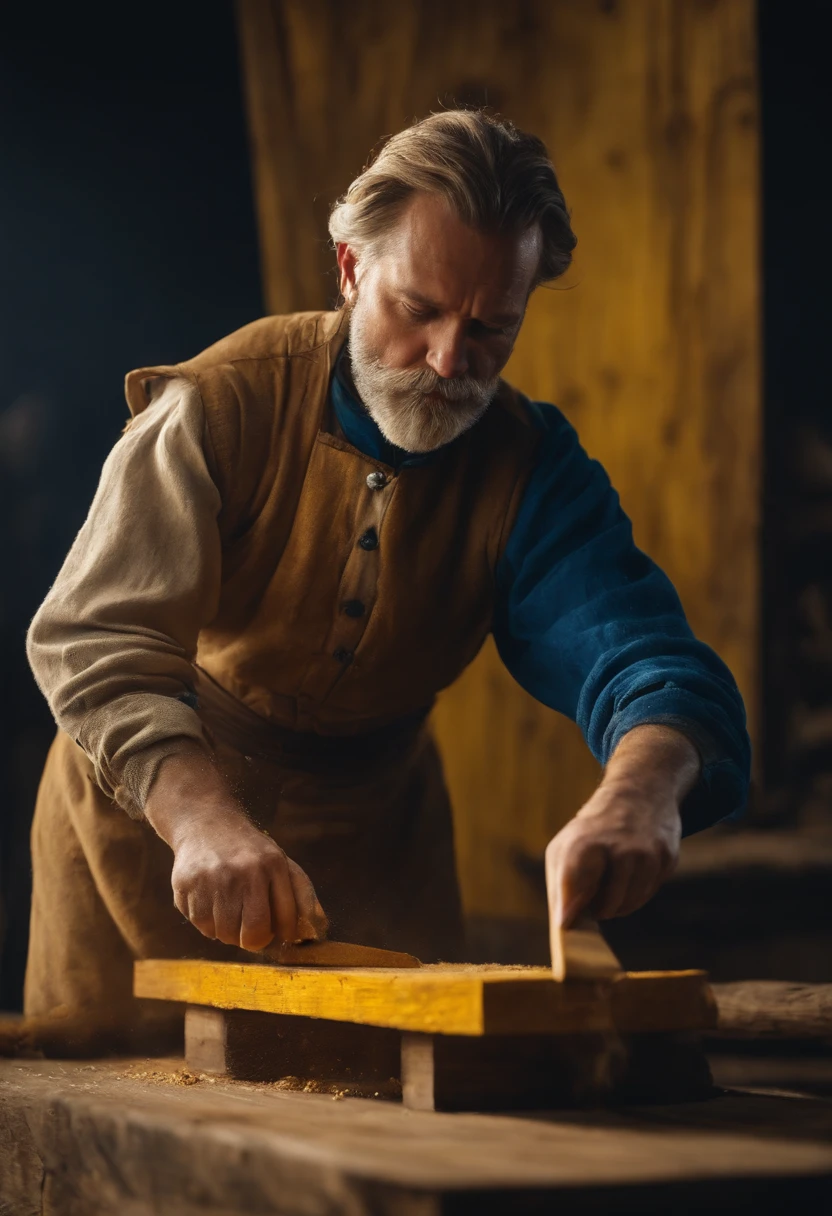 A close-up image of the character carefully sanding down a wooden plank, with sawdust filling the air.,original,Very swedish! Blue and yellow. Absolutely Scandinavian. Very hot. Very beautiful.