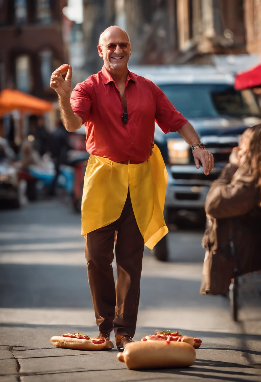 Hotdogfingers at a busy street, showcasing his dance moves,original,He’s a middle aged man who is balding but the star of the show is that his fingers are hot dogs