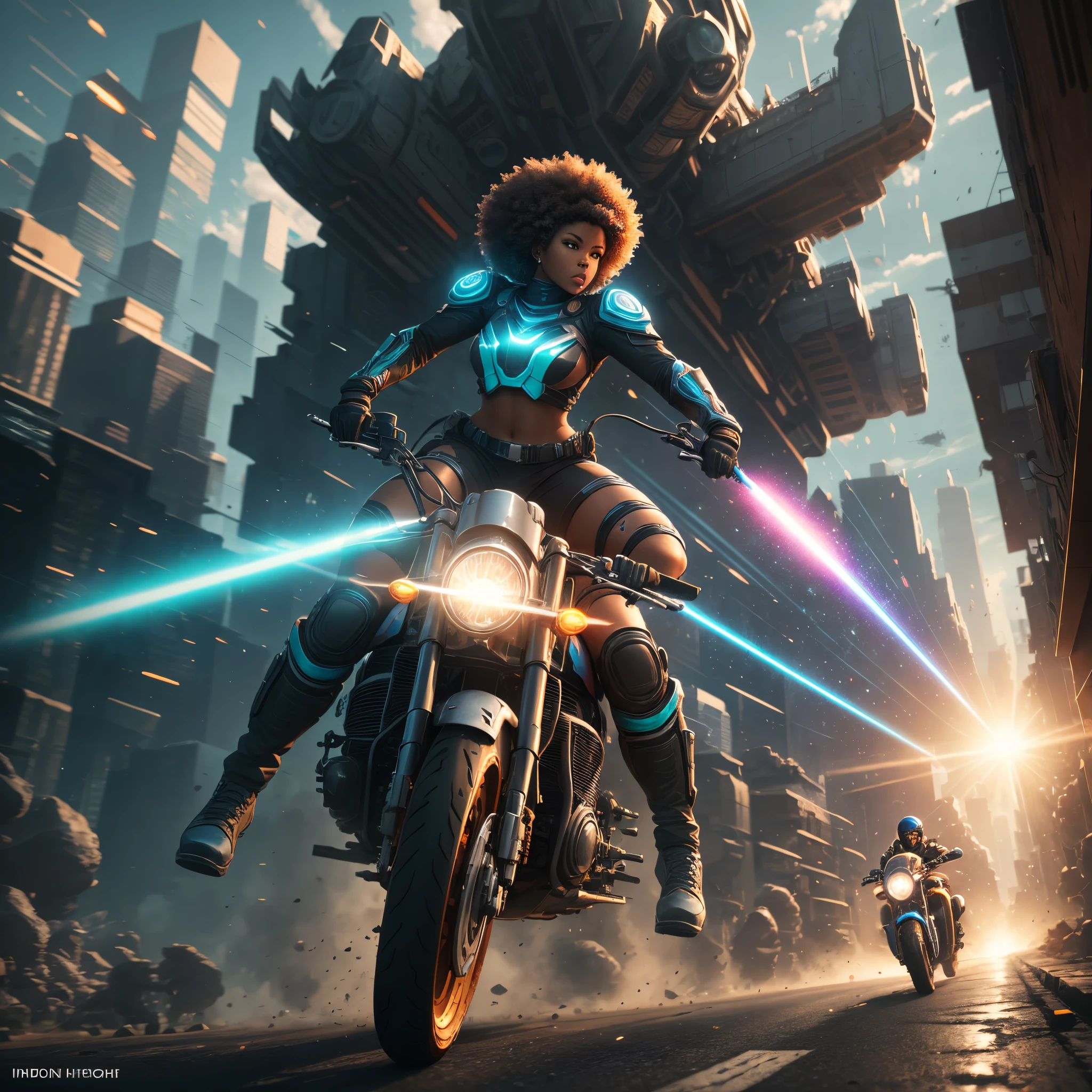 wide angle shot of Full body shot of afro-anime art wide angle shot of African woman riding a motorbike above an army of mercenaries shooting at her,action sci-fi scene, laser bullets missing her, sunlight shining with a beautiful and vibrant light, with iridescent light, afrofuturism art, fantasy art, sci-fi art, cosmic art, afro anime style, black anime, 32k, ultra HD, unreal engine rendered, hyper-realistic image, cinematic lighting --auto --s2