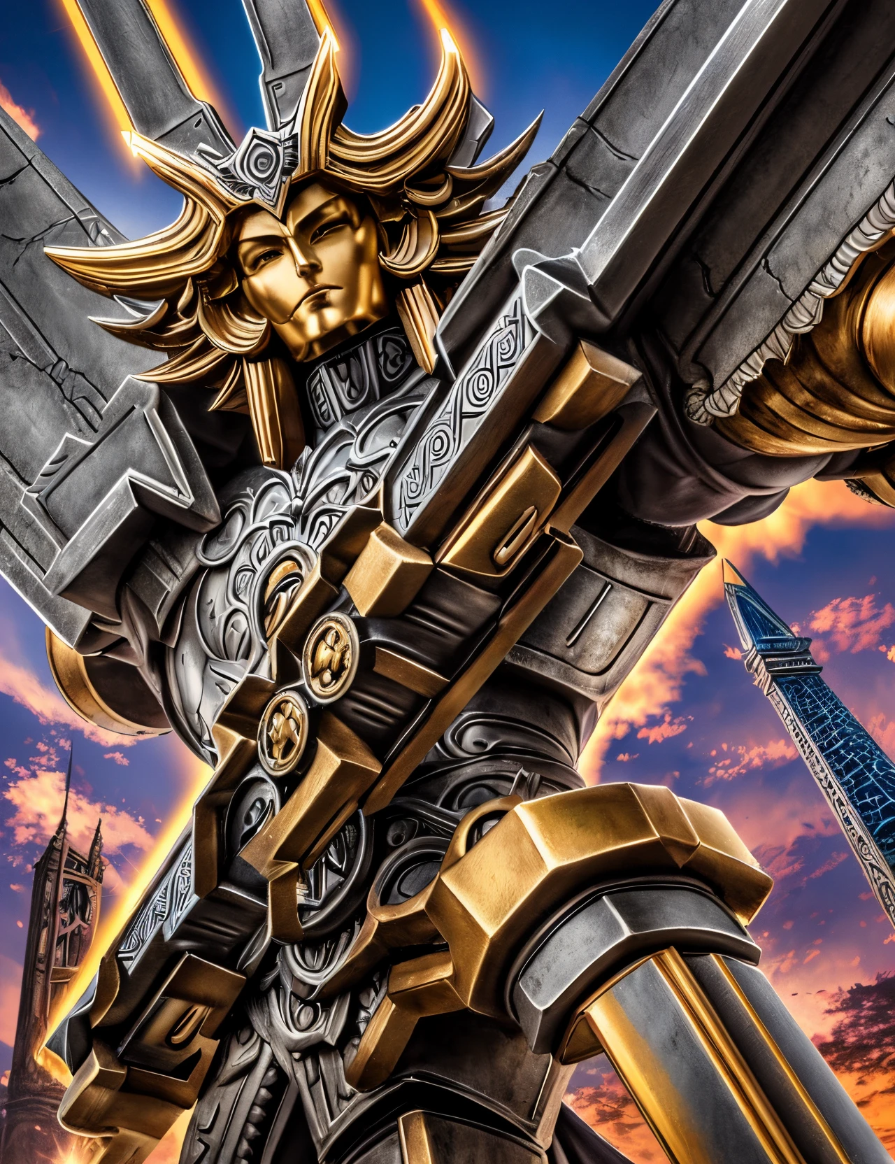 Jesus on giant machine metal cross , Giant metal cross hammer godness 8 hands hold ,style saint seiya,ragnarok Transformers Evagalion steampunk JOJO bizarre adventure --auto --s2