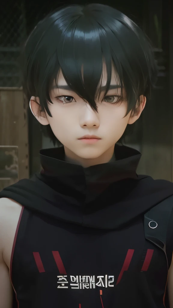 A teenage boy with realistic black hair, the same realistic hairstyle, handsome face like a realistic K-Pop idol, realistic cool expression, adapt exact clothing, realistic light, realistic shadows, realistic background, realistic night, realistic outdoor,Realistic short sleeve shirt, realistic black robe,Age 17 years