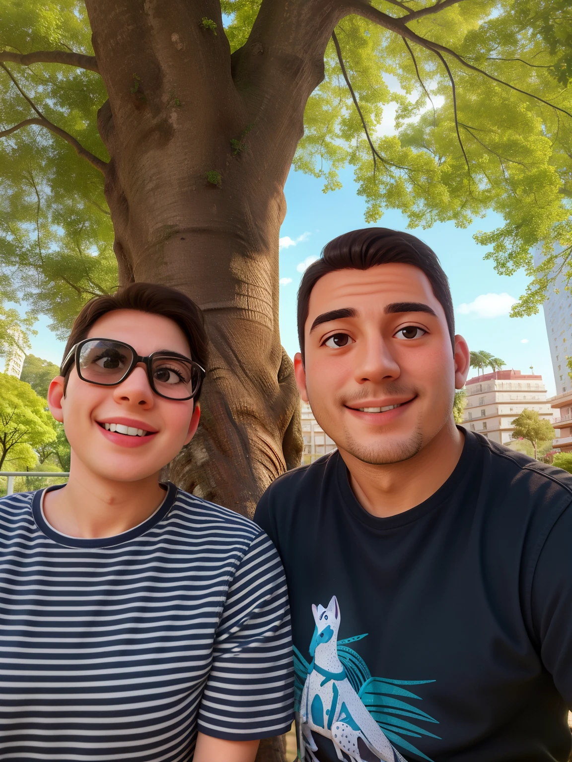 smiling couple sitting under a tree in a park with a building in the background, no parque em um belo dia, vacation photo, Parque em segundo plano, trees in the background, em um parque, Directed by: Nandor Soldier, com um parque ao fundo, imagem de perfil, no parque, Retrato de duas pessoas, dia ensolarado brilhante