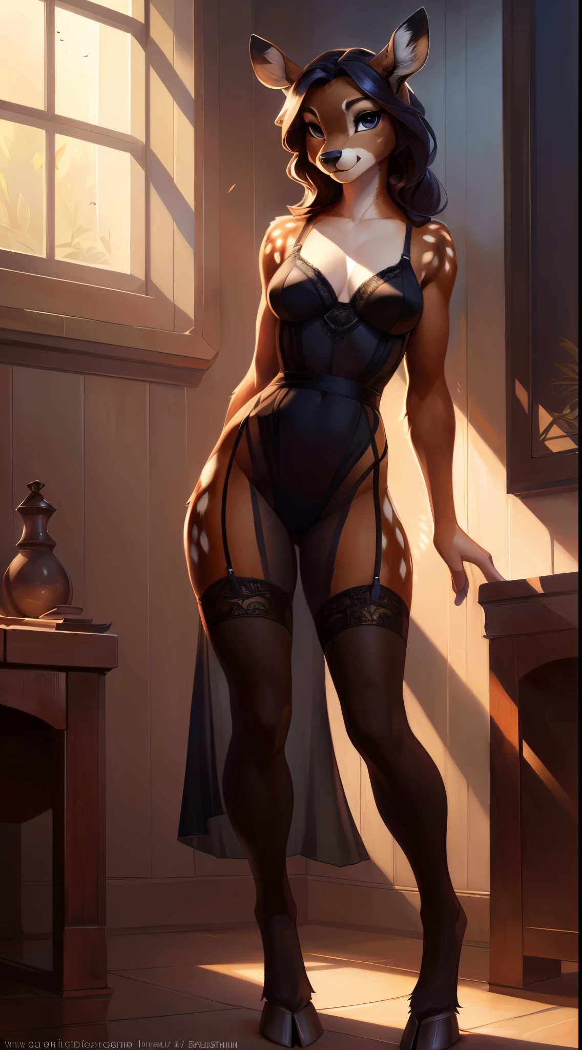 uploaded on e621, by Pixelsketcher, by Bayard Wu, by Thomas Benjamin Kennington , by Einshelm, solo anthro, ((Portrait)), BREAK, ((Wear a sheer dress)), (Lace Model Underwear), ((mouth open)), (detailed Bonifasko lighting), Nature Goddess, (Detailed fur), (detailed skin), BREAK, (hands on the waist), ((facing viewer with legs spread)), (Cinematic lighting), ((Detailed background)), (half body shadow), [Backlighting], [crepuscular ray], [Detailed ambient light], [gray natural lighting], [ambient light on the belly], (higher wildlife feral detail), [explict content], [sharp-focus], (Questionable content), (shaded), ((Masterpiece), hands on the waist, Long asymmetrical wavy hair,Average Breasts, pectoral muscles, Fluffy fallow deer, Wavethesallow Face, furry fantasy art, anthro art, commission for high res, Furry art, pov furry art, Sakimichan is beautiful, Masterpiece, big hips, small breasts, Best Quality, Detailed image, Bright colors, Detailed Face, perfect  lighting, Perfect shadows, Perfect eyes, focus on girl, flawless face, small breasts, gorgeous body, Hourglass body, shiny body, feet focus, Girl Lan, Fluffy, fluffy woman, Body fur, Animal nose, muzzle, two-toned fur, gaze at the viewer, half closed eyes, 1girl, full body, (Masterpiece:1.2), (Best Quality:1.2), (illustartion:1.2), (Cinematic lighting:1.3), hands on the waist, Detailed fur, Balanced coloring, Global Illumination, Ray Tracing, good lighting, Fallow deer, short deer tail, Furry, anthro, big butt, showing hips, cleavage, attractive body, sexy body, looking a viewer, seductive gaze, thick-thighs, fit body, Best Stockings, (hooves), Suggested Pose, Seductive Leg Pose, Dressing room,put on stockings, view from the back, one foot on the padded stool