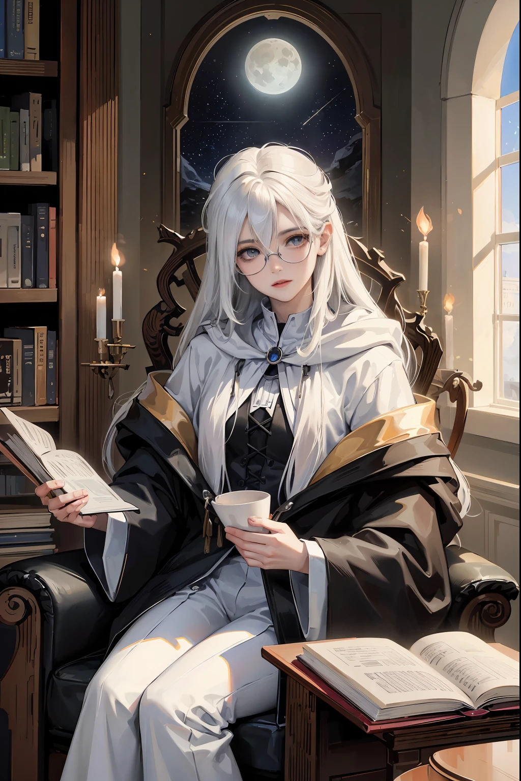 an androgynous hooded boy with long white hair sits on a throne and holds an open book, the person is wearing glasses, the room is lit by flying candles and is filled with books and shelves with a large round window in the background showing the stars and the moon, Perfect lips, symmetrical face, olhos perfeitos, pele de porcelana, HDR, UHD, Realistic, studio lighting