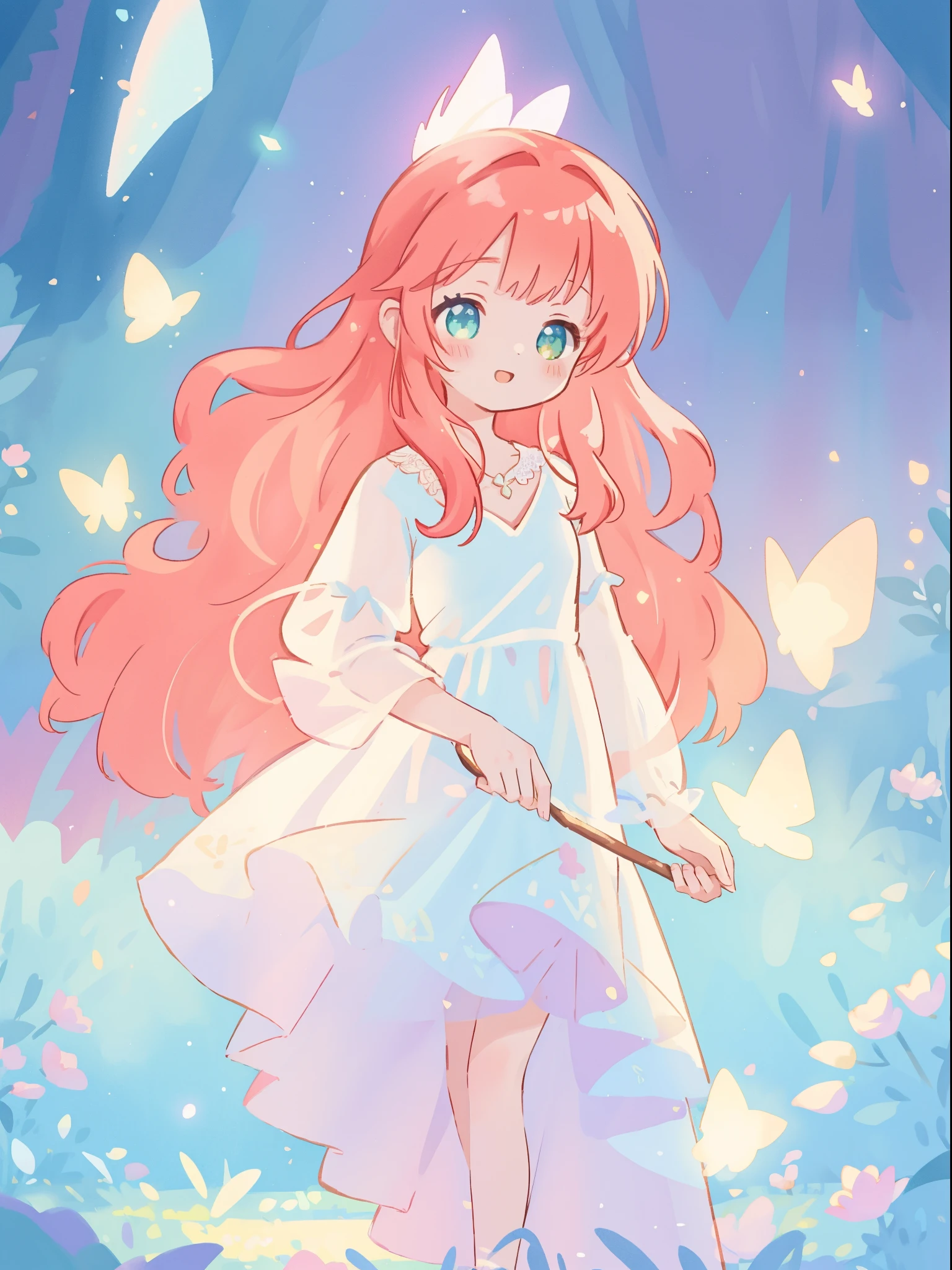 beautiful nymph girl in sparkling white fairy dress, puffy flowing ballgown, sheer fluttering sleeves, ((glowing sheer layered dress)), long red gold hair, colorful fantasia background, delicate white flowers in her hair, watercolor illustration, glowing lights, beautiful digital illustration, fantasia otherworldly landscape, beautiful, masterpiece, best quality, (vibrant pastel colors), (colorful), magical forest landscape, sharp focus, intricate details, highly detailed, 8k resolution