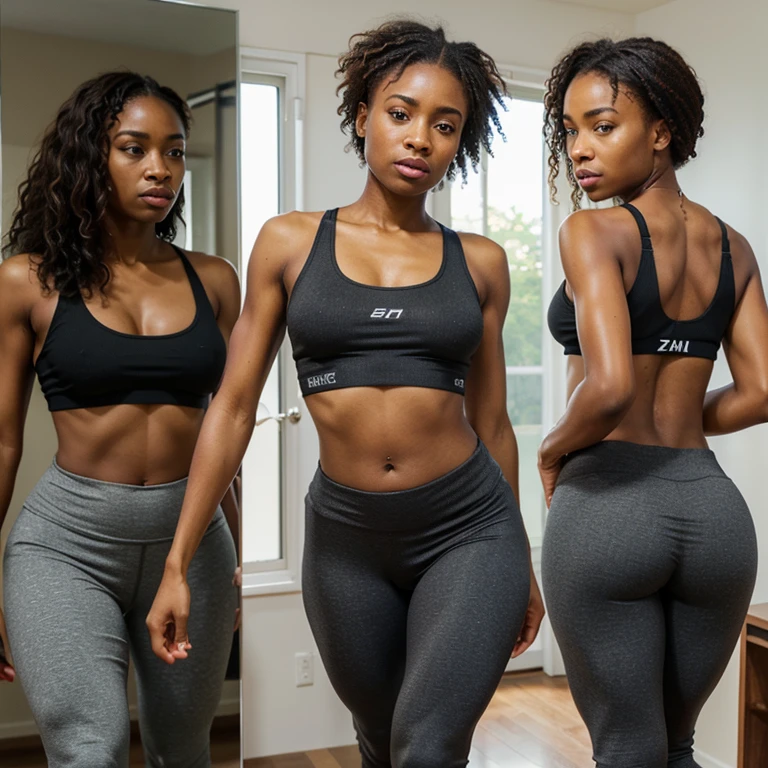 A full body shot of a insanely beautiful detailed African American woman in a tank top, tight workout stretch pants,and running shoes,small smile, super detailed realistic face, hyper detailed, zoomed out, symmetrical face,highly detailed eyes,expressive eyes, Cast Baugh,Michael Garmash,Sophie Anderson,Hasui Kawase, makeup, real photography, realistic: 1.5, facing camera standing.