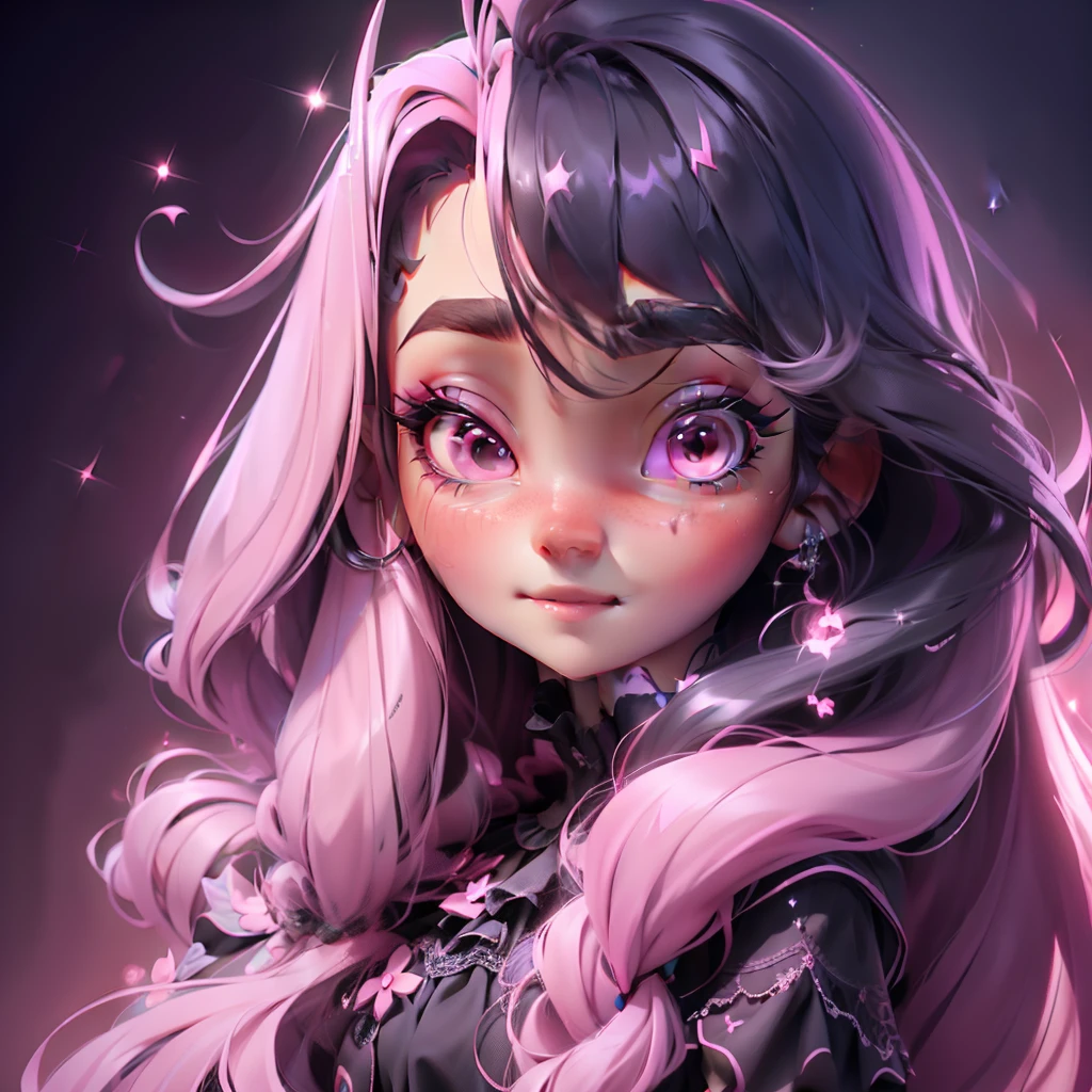 pretty face, long hair, dark 🌑 pink 🩷 theme, holding a raven, cute face, sparkling simple make up, sparkling pink black lips, pretty eyes, sparkling pictures, high quality pictures, full body pictures