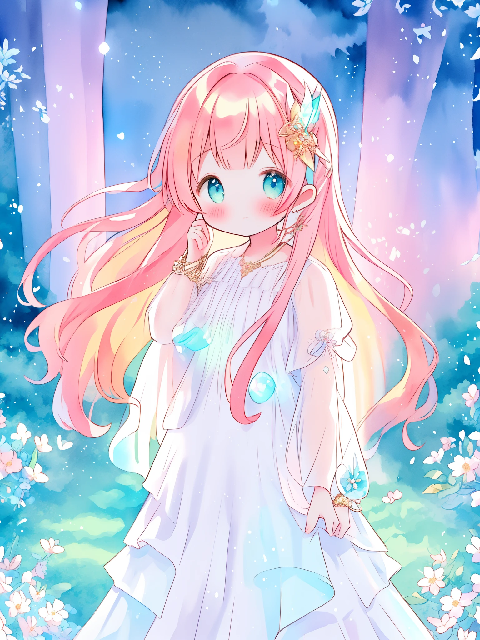 beautiful fairy girl in sparkling white ballgown, puffy flowing ballgown, sheer fluttering sleeves, ((glowing sheer layered dress)), long red gold hair, colorful fantasia background, delicate white flowers in her hair, watercolor illustration, glowing lights, beautiful digital illustration, fantasia otherworldly landscape, beautiful, masterpiece, best quality, (vibrant pastel colors), (colorful), magical forest landscape, sharp focus, intricate details, highly detailed, 8k resolution, ((CUTE))