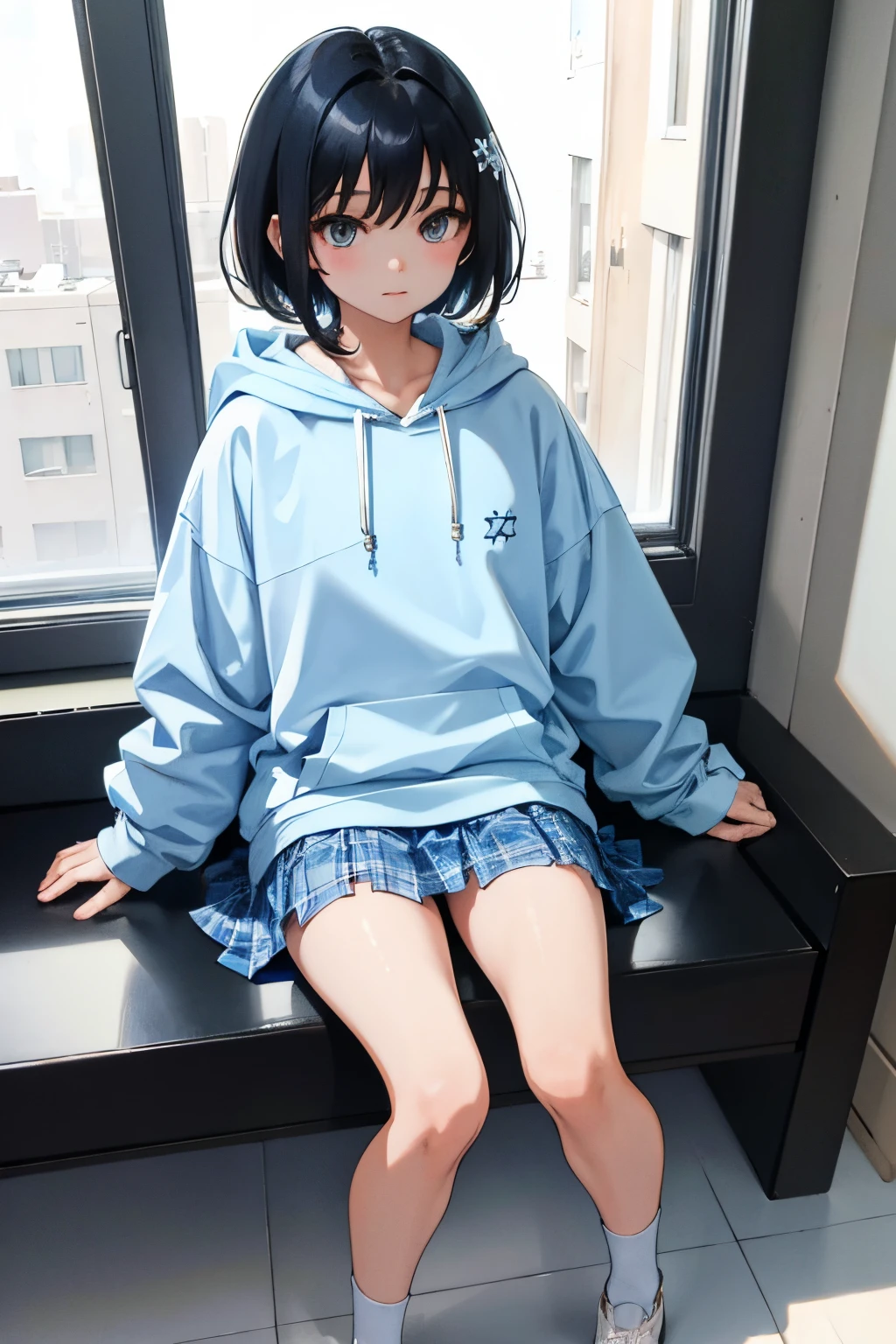 Light blue short bob　Legs crossed　hoodie　 Face