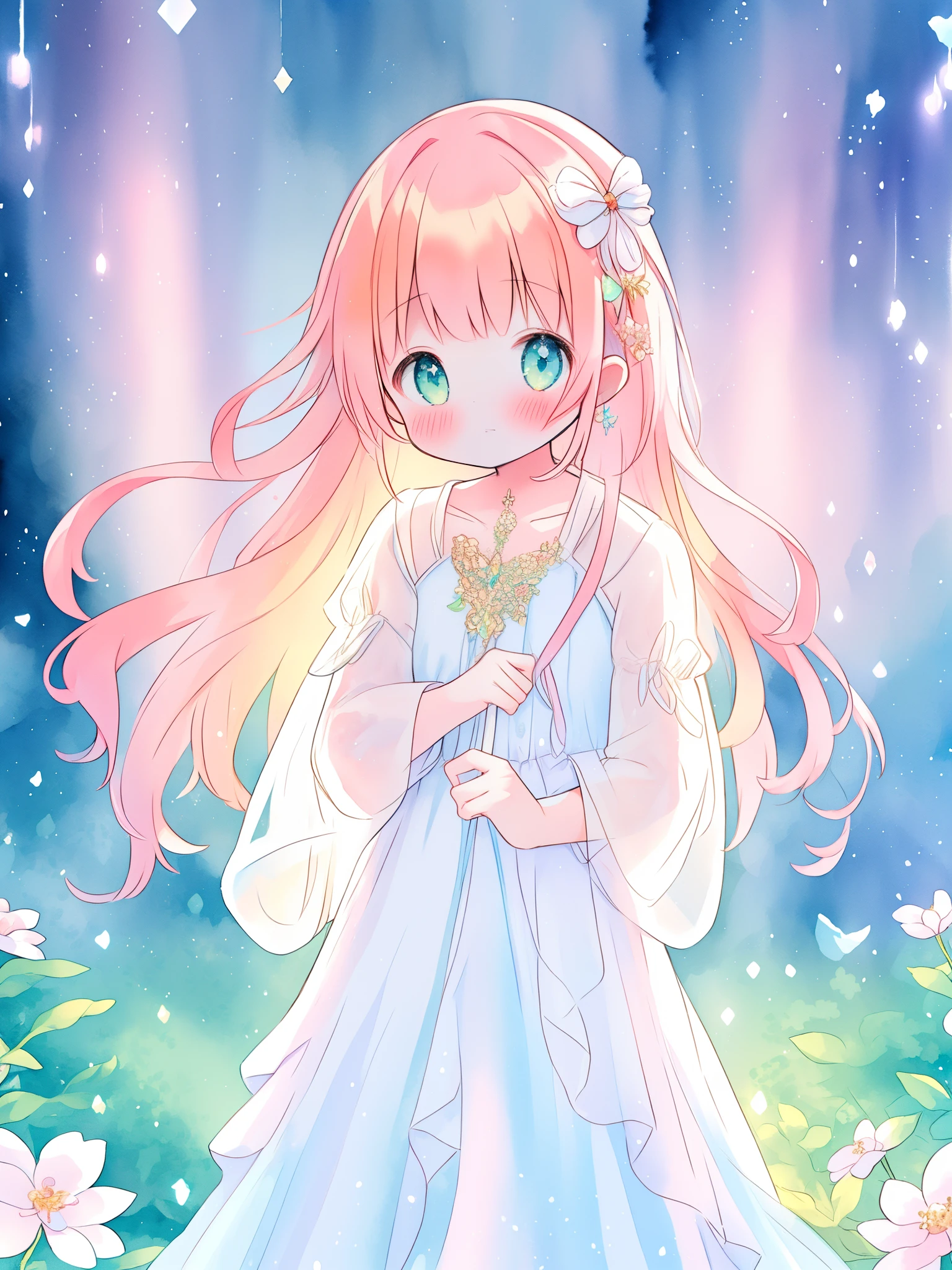 beautiful fairy girl in sparkling white ballgown, puffy flowing ballgown, sheer fluttering sleeves, ((glowing sheer layered dress)), long red gold hair, colorful fantasia background, delicate white flowers in her hair, watercolor illustration, glowing lights, beautiful digital illustration, fantasia otherworldly landscape, beautiful, masterpiece, best quality, (vibrant pastel colors), (colorful), magical forest landscape, sharp focus, intricate details, highly detailed, 8k resolution, ((CUTE))