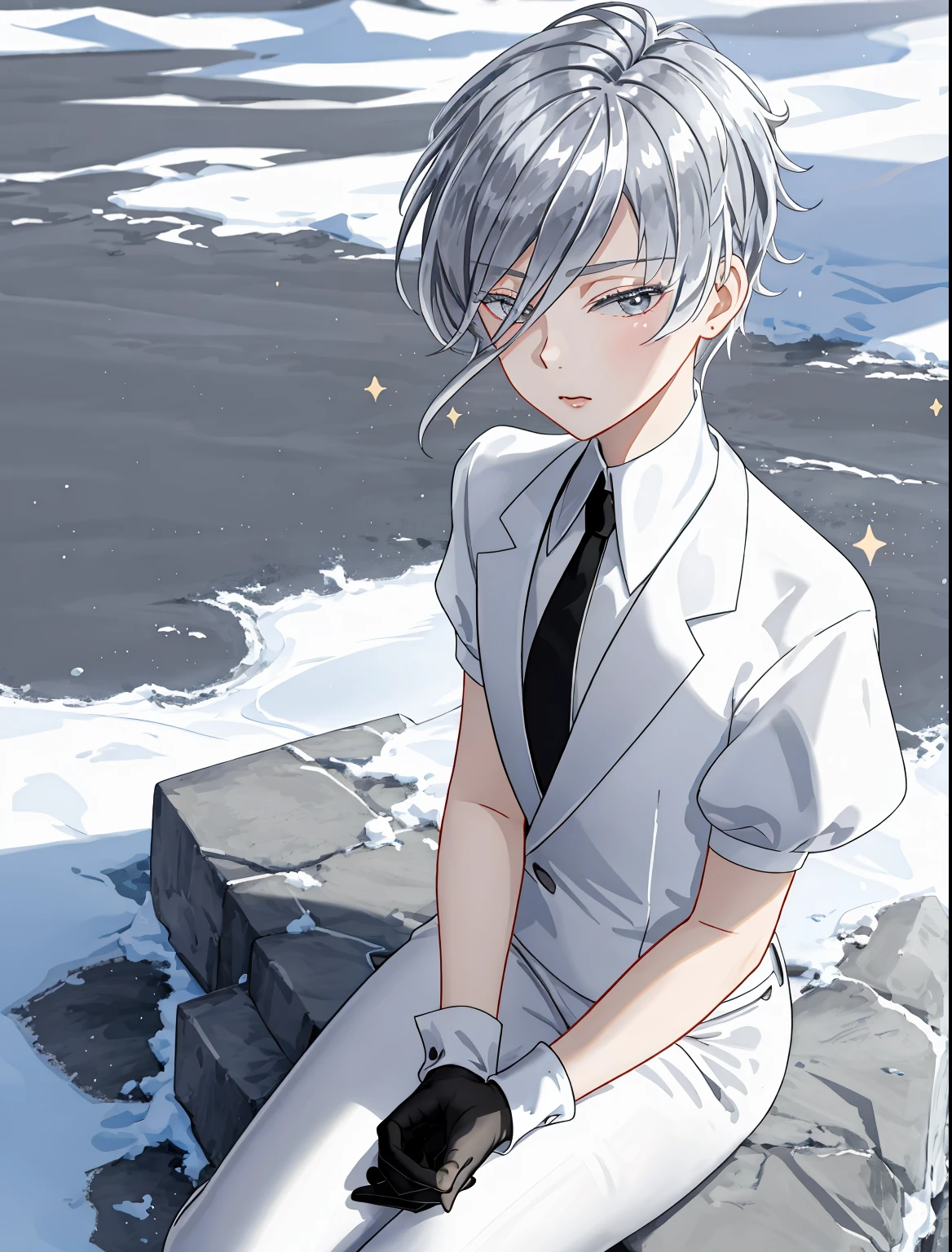 masterpiece, 8k uhd, absurdres, gorgeous girl, skinny, flat chest, very short grey hair, glare, (sparkling hair,:1.1) short black gloves, white suit, black tie, sunny day, winter, sitting on the ground