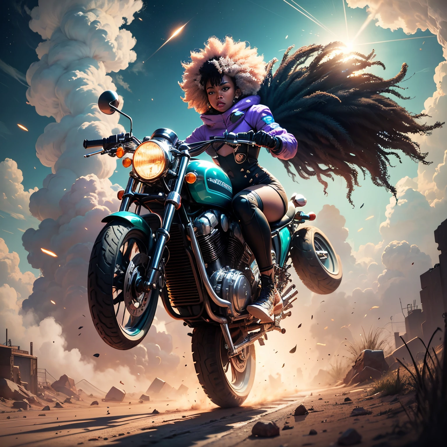 wide angle shot of Full body shot of afro-anime art wide angle shot of African woman riding a motorbike above an army of mercenaries shooting at her,action sci-fi scene, laser bullets missing her, sunlight shining with a beautiful and vibrant light, with iridescent light, afrofuturism art, fantasy art, sci-fi art, cosmic art, afro anime style, black anime, 32k, ultra HD, unreal engine rendered, hyper-realistic image, cinematic lighting --auto --s2