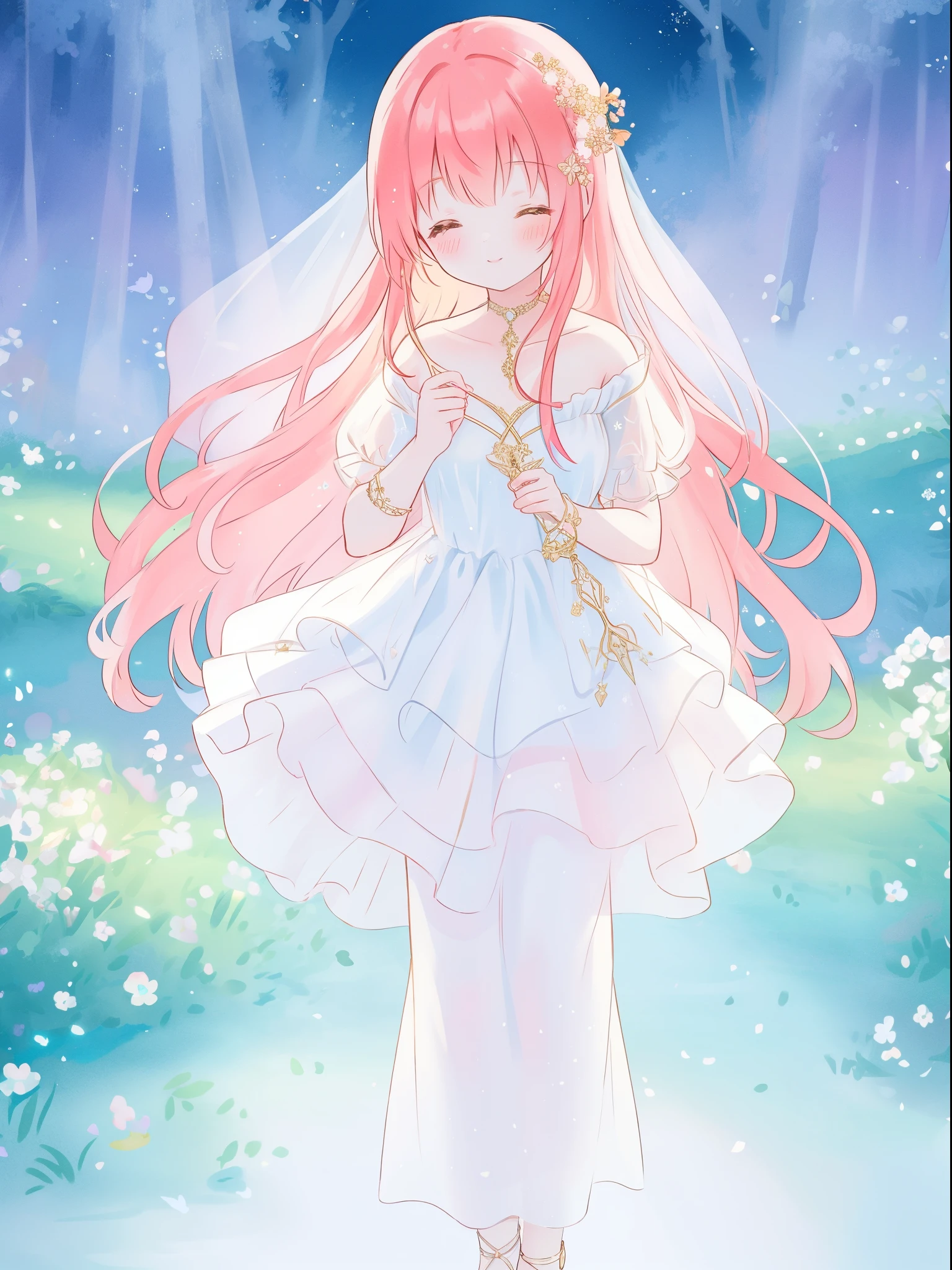 beautiful fairy girl in sparkling white ballgown, puffy flowing ballgown, sheer fluttering sleeves, ((glowing sheer layered dress)), long red gold hair, colorful fantasia background, delicate white flowers in her hair, watercolor illustration, glowing lights, beautiful digital illustration, fantasia otherworldly landscape, beautiful, masterpiece, best quality, (vibrant pastel colors), (colorful), magical forest landscape, sharp focus, intricate details, highly detailed, 8k resolution