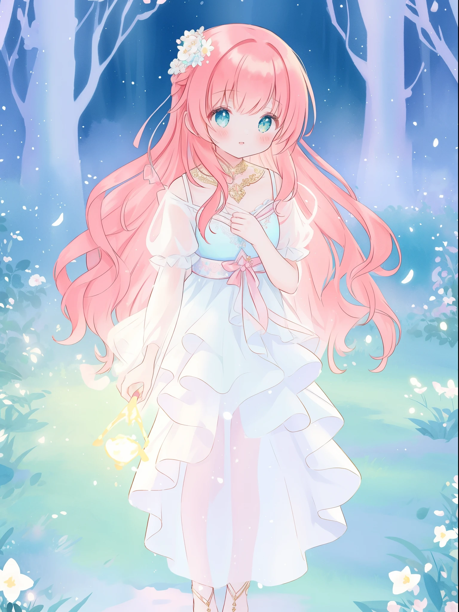 beautiful fairy girl in sparkling white ballgown, puffy flowing ballgown, sheer fluttering sleeves, ((glowing sheer layered dress)), long red gold hair, colorful fantasia background, delicate white flowers in her hair, watercolor illustration, glowing lights, beautiful digital illustration, fantasia otherworldly landscape, beautiful, masterpiece, best quality, (vibrant pastel colors), (colorful), magical forest landscape, sharp focus, intricate details, highly detailed, 8k resolution