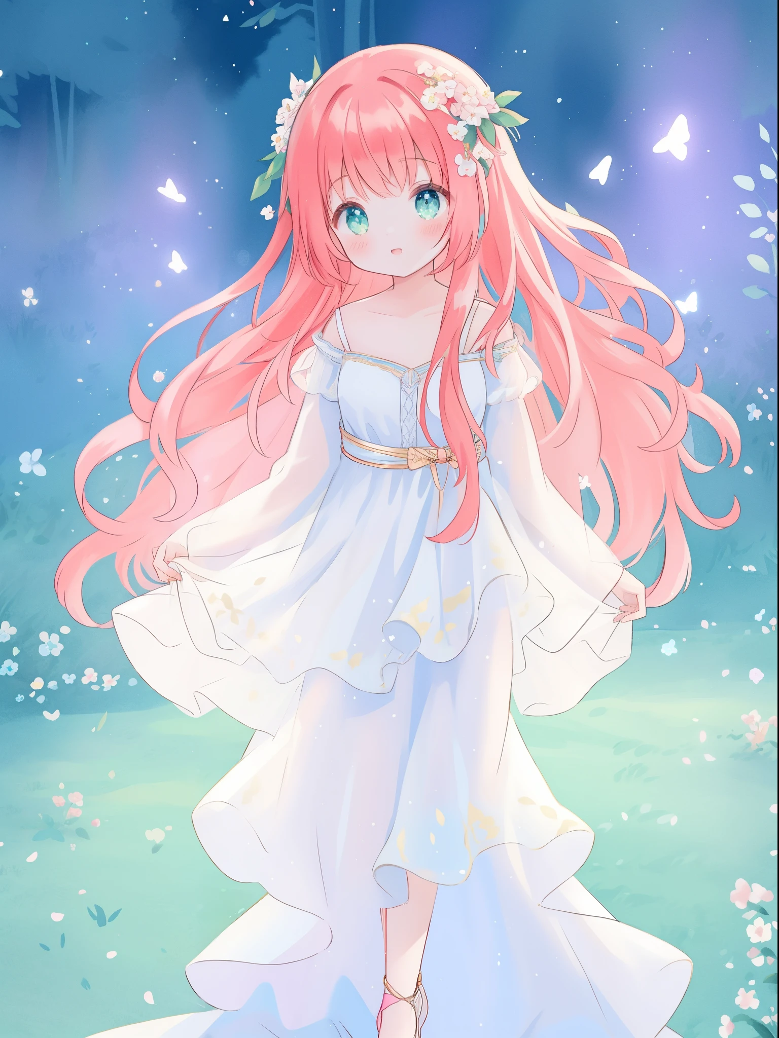 beautiful fairy girl in sparkling white ballgown, puffy flowing ballgown, sheer fluttering sleeves, ((glowing sheer layered dress)), long red gold hair, colorful fantasia background, delicate white flowers in her hair, watercolor illustration, glowing lights, beautiful digital illustration, fantasia otherworldly landscape, beautiful, masterpiece, best quality, (vibrant pastel colors), (colorful), magical forest landscape, sharp focus, intricate details, highly detailed, 8k resolution