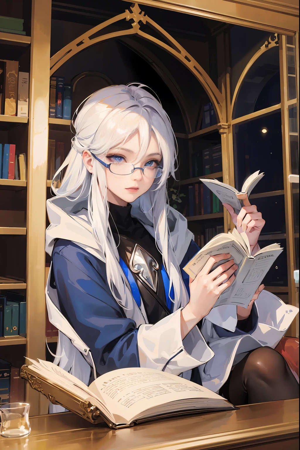 an androgynous hooded boy with long white hair sits on a throne and holds an open book, the person is wearing glasses, the room is lit by flying candles and is filled with books and shelves with a large round window in the background showing the stars and the moon, Perfect lips, symmetrical face, olhos perfeitos, pele de porcelana, HDR, UHD, Realistic, studio lighting