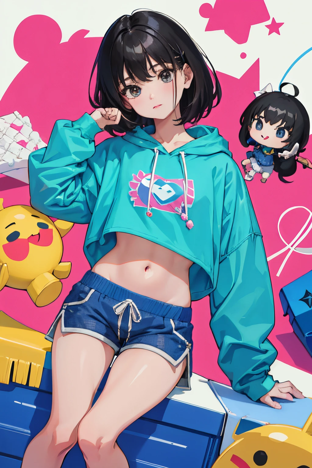 (child),(masterpiece,Highest Quality),Crop Top Look,Pastel Navy Hoodie,(Gingham Check Shorts),A dark-haired,World of toys