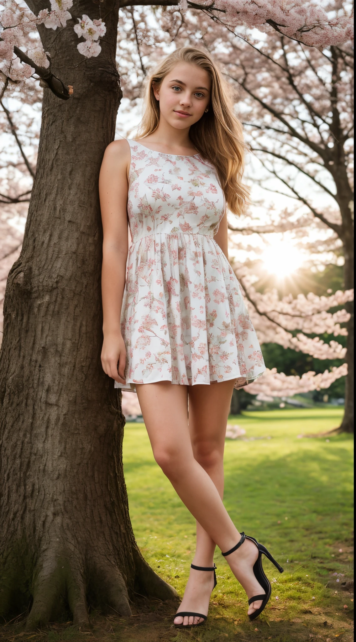 16 year old pre-teen, European, blonde, small breasts, big eyes, long legs, close-up of thighs, lined dress, heeled sandals, park background, tree, cherry blossom, sunrise, light through dress , specular light, ray tracing, HDR