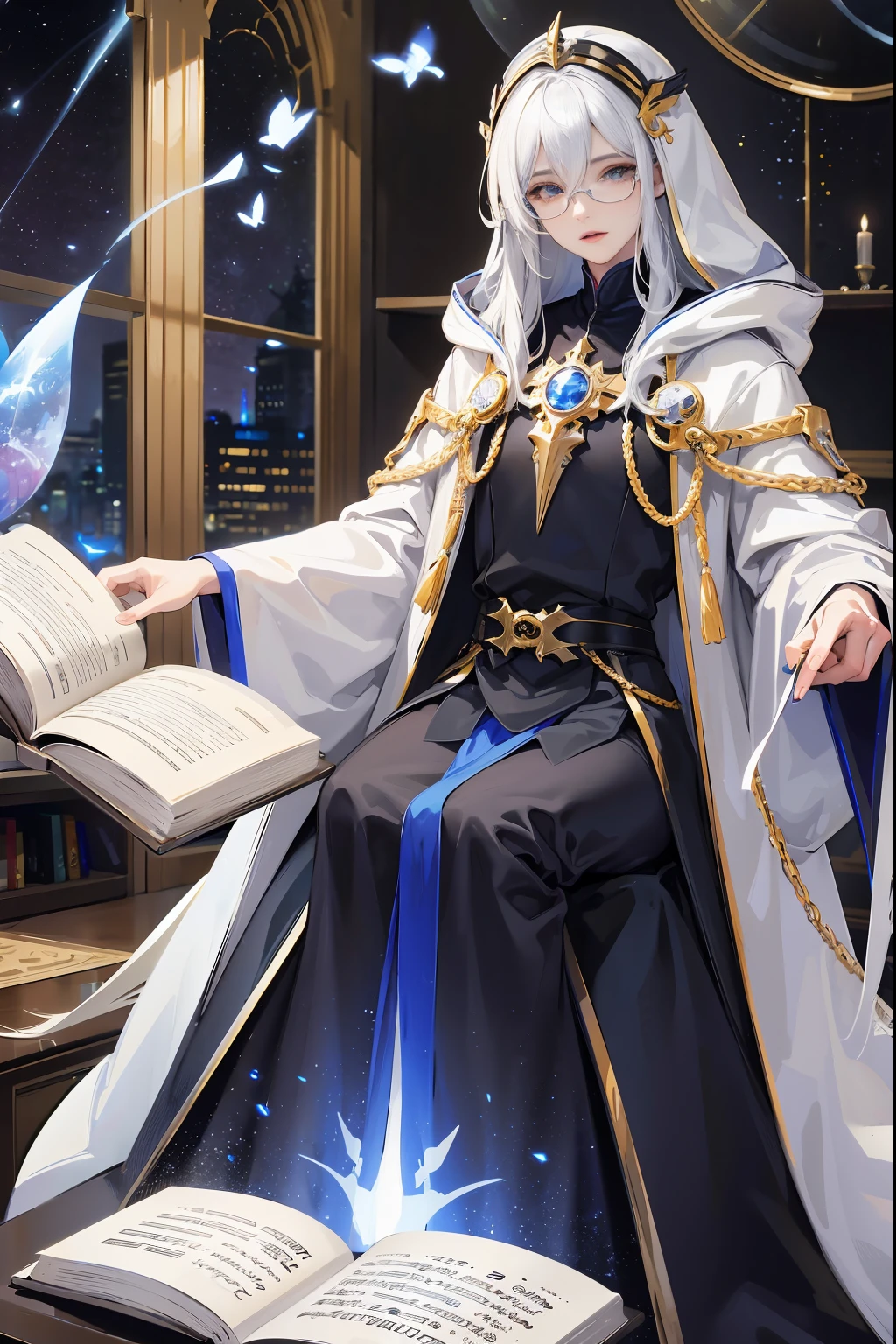 an androgynous hooded boy with long white hair sits on a throne and holds an open book, the person is wearing glasses, the room is lit by flying candles and is filled with books and shelves with a large round window in the background showing the galaxy with a constellation, Perfect lips, symmetrical face, olhos perfeitos, pele de porcelana, HDR, UHD, Realistic, studio lighting
