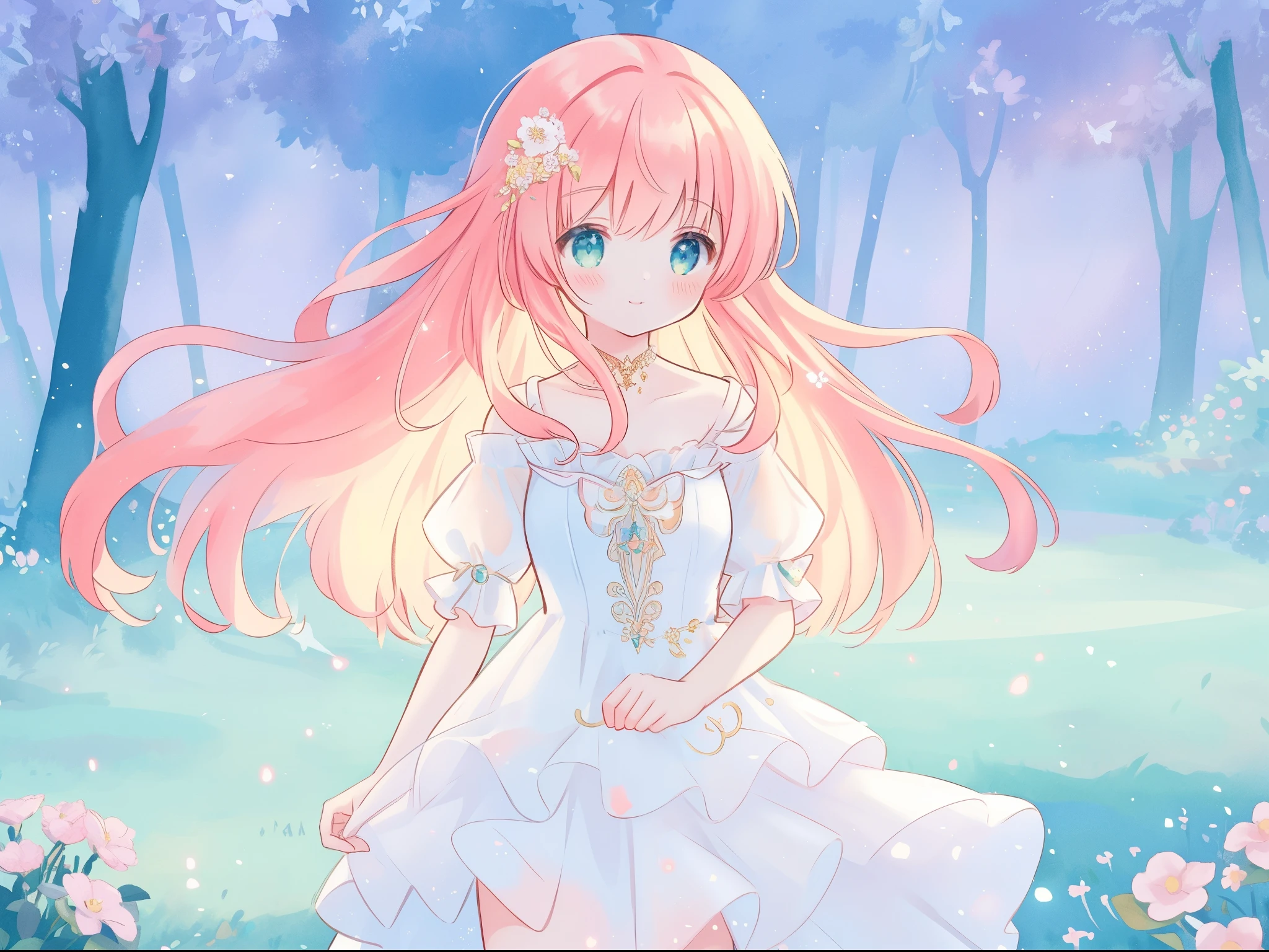 beautiful fairy girl in sparkling white ballgown, puffy flowing ballgown, sheer fluttering sleeves, ((glowing sheer layered dress)), long red gold hair, colorful fantasia background, delicate white flowers in her hair, watercolor illustration, glowing lights, beautiful digital illustration, ((fantasia otherworldly landscape)), beautiful, masterpiece, best quality, (vibrant pastel colors), (colorful), magical forest landscape, sharp focus, intricate details, highly detailed, 8k resolution